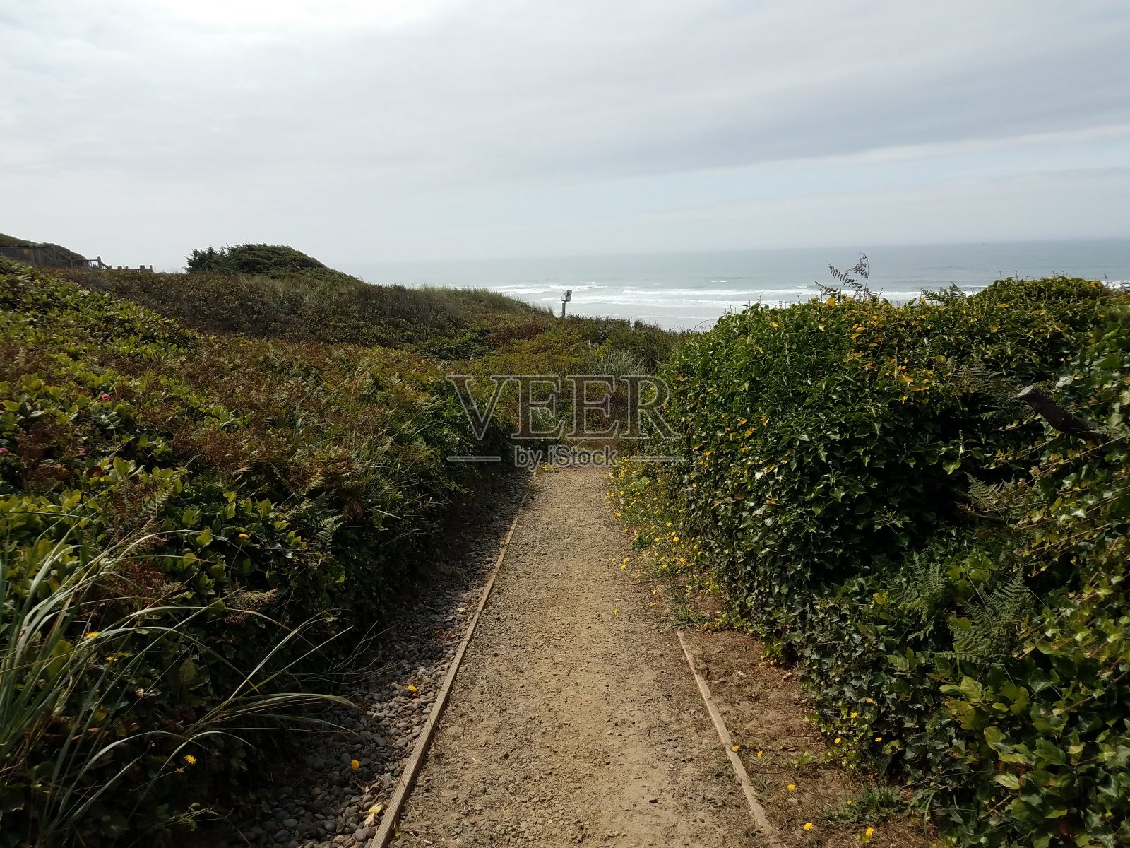 通向沙滩的小路或小径，有沙滩和海浪照片摄影图片