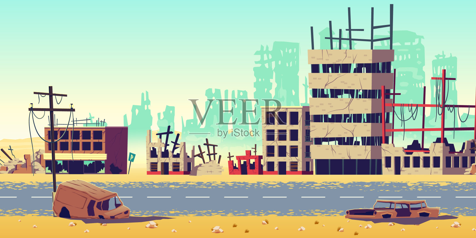 城市在战区卡通矢量背景插画图片素材