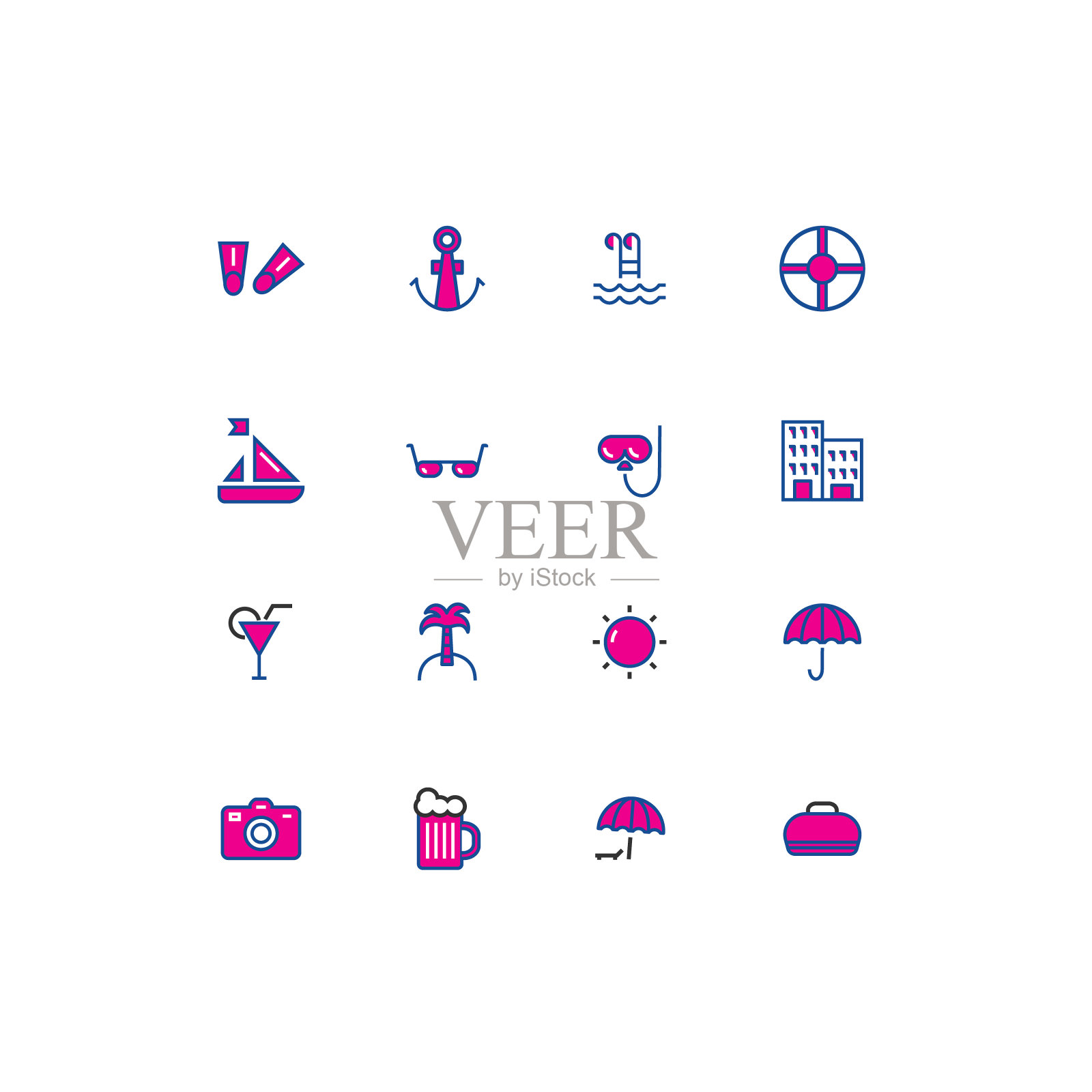 美丽的抽象图标与黑色海滩颜色线图标在绿色背景的网页设计。摘要向量背景。五颜六色的设计。平面轮廓向量。色彩斑斓的自然背景。图标素材