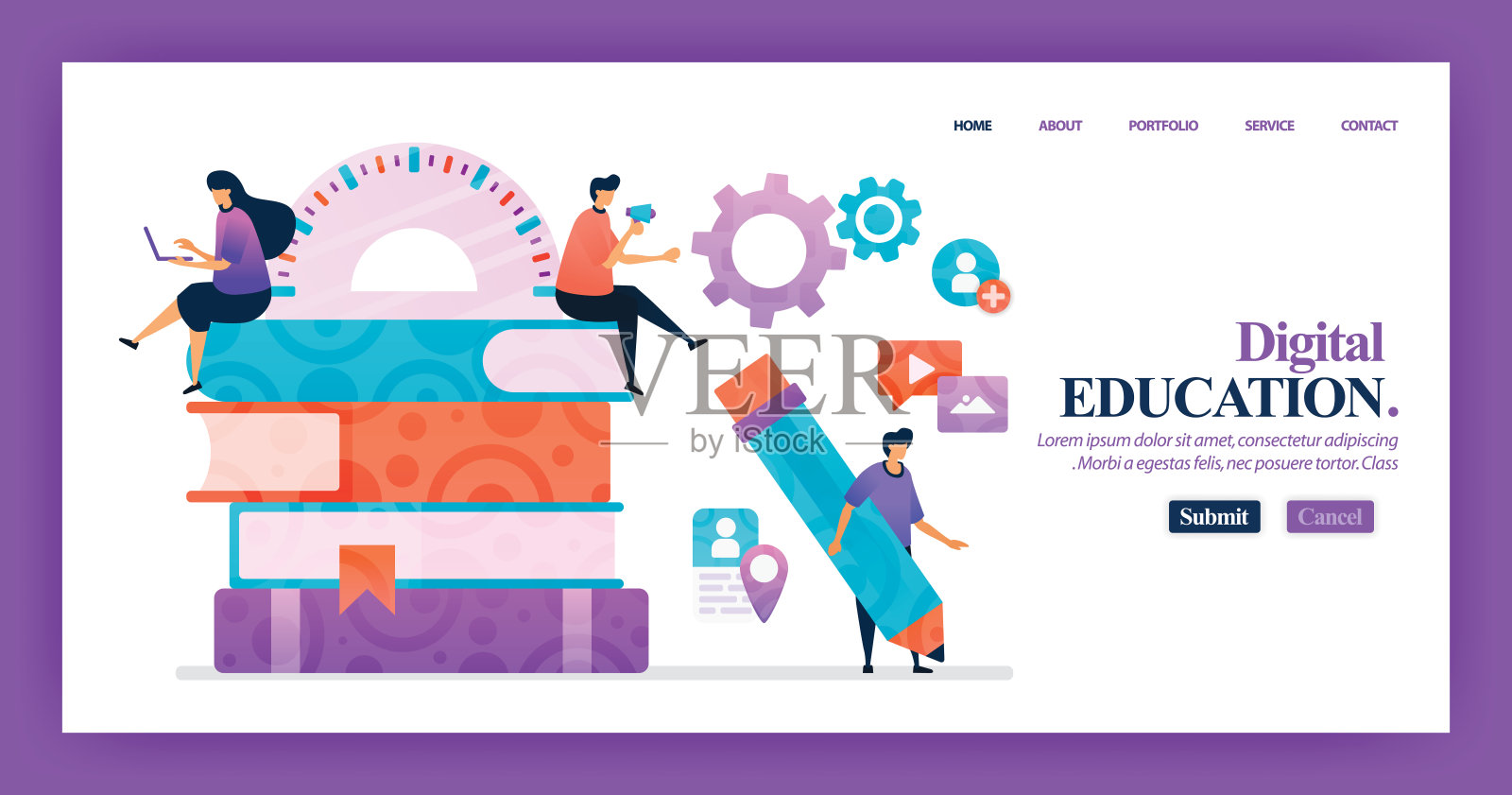 数字教育登陆页向量设计。易于编辑和自定义。现代平面设计理念的网页，网站，主页，移动应用程序。人物卡通插图平面风格。插画图片素材