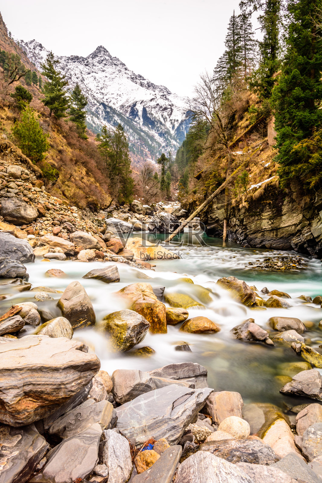 美丽的喜马拉雅山脉冬季景观与积雪覆盖的树木，朦胧的天空和云彩。照片摄影图片