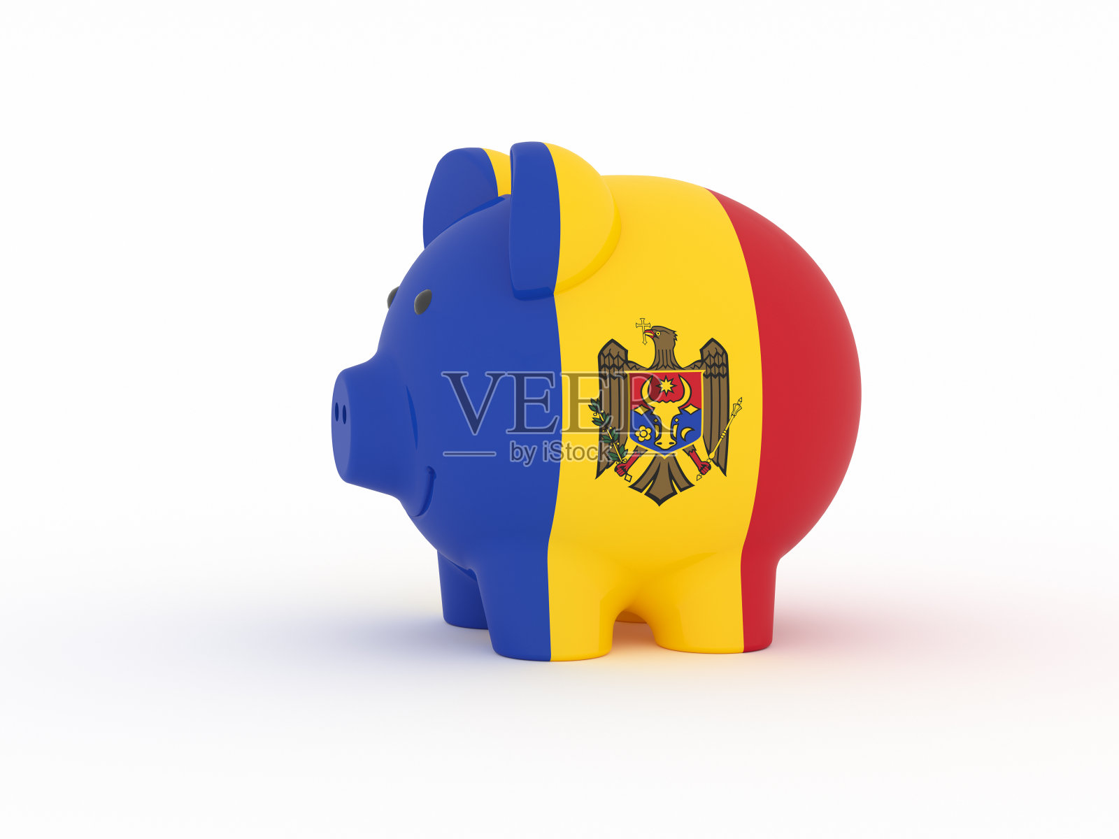 金融，存钱，白色背景下的存钱罐。摩尔多瓦国旗。3 d演示。照片摄影图片