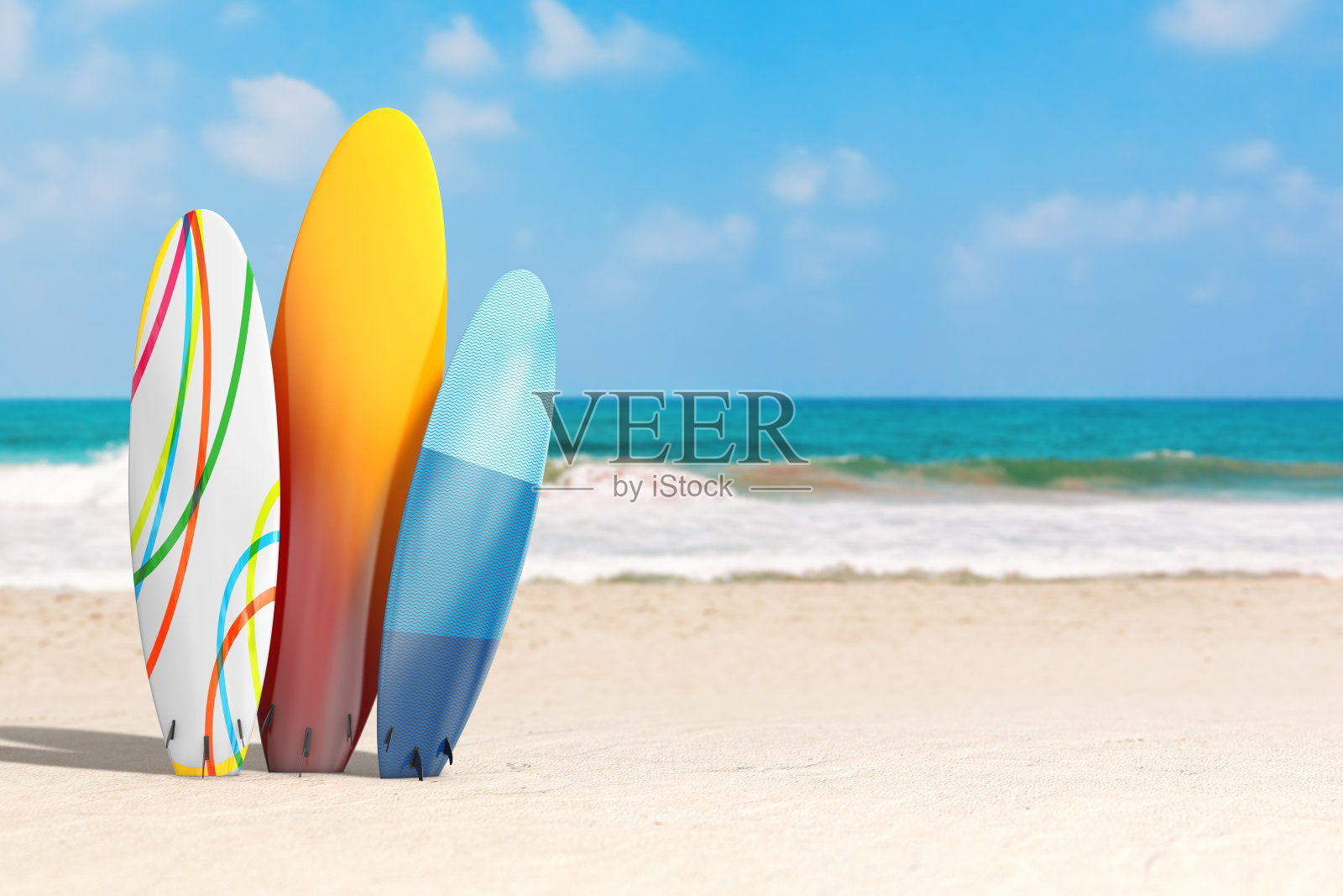 暑假的概念。彩色的夏季冲浪板在一个海洋荒芜的海岸。3d渲染照片摄影图片
