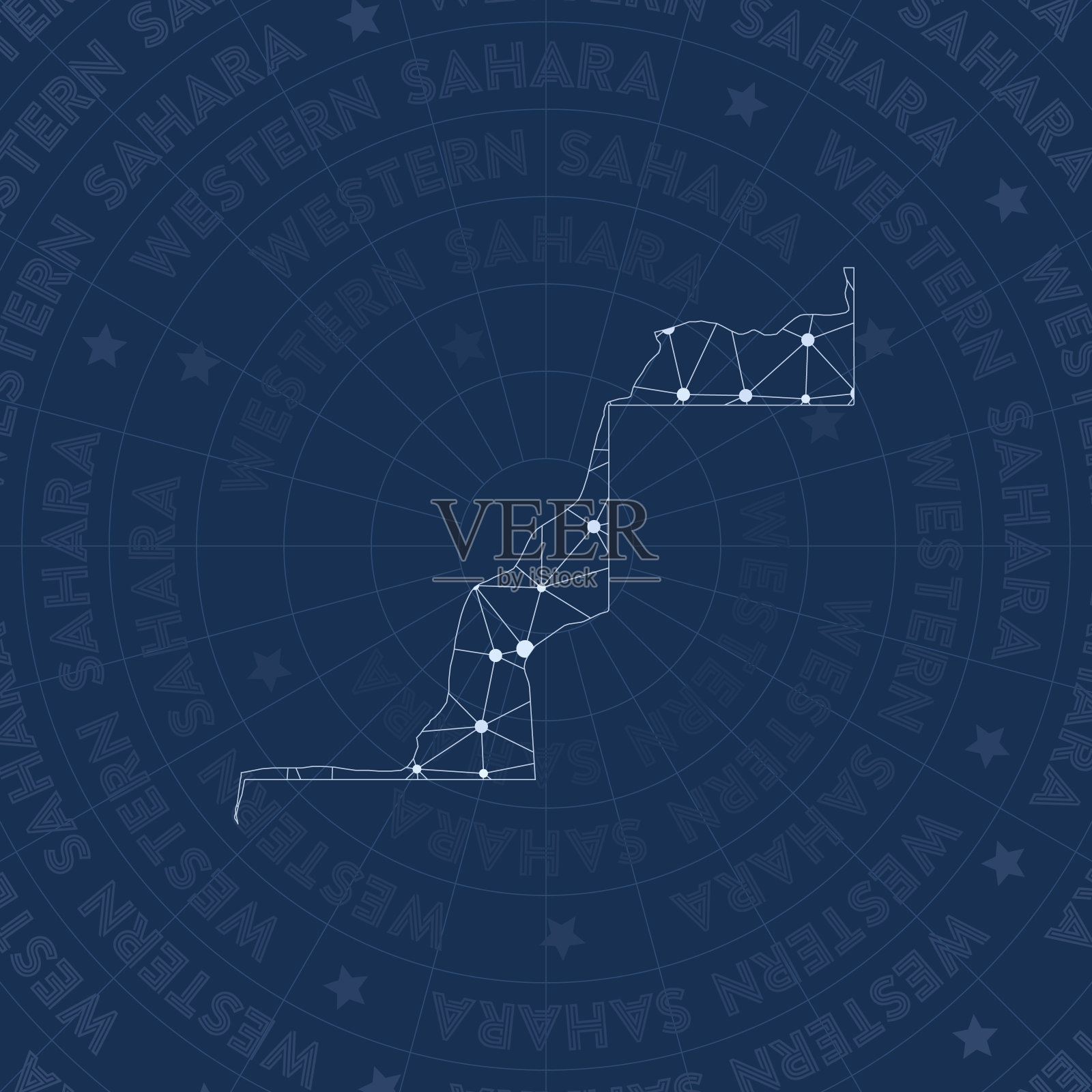 西撒哈拉网络，星座风格的国家地图。插画图片素材