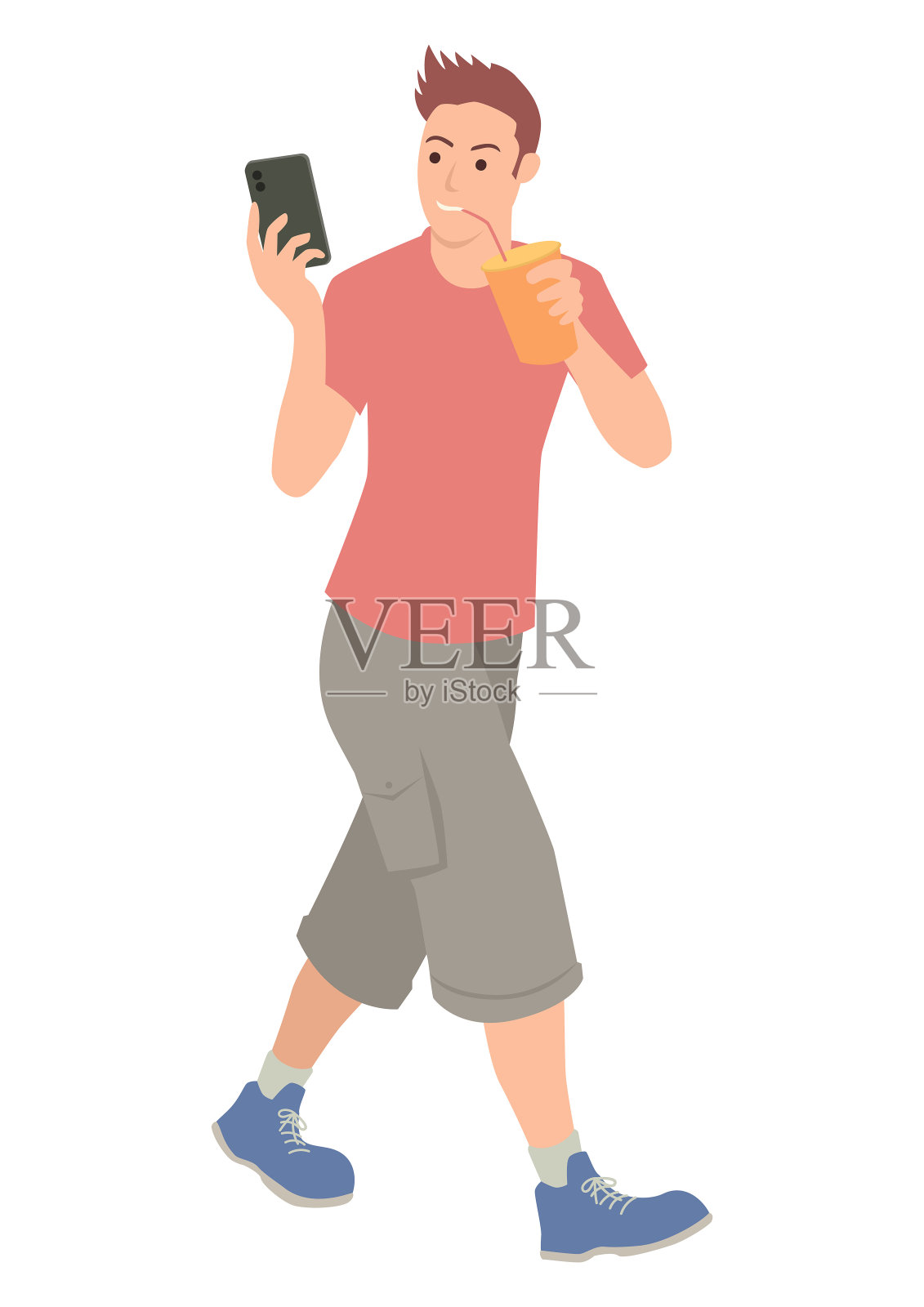 拿着手机喝软饮料的青少年插画图片素材