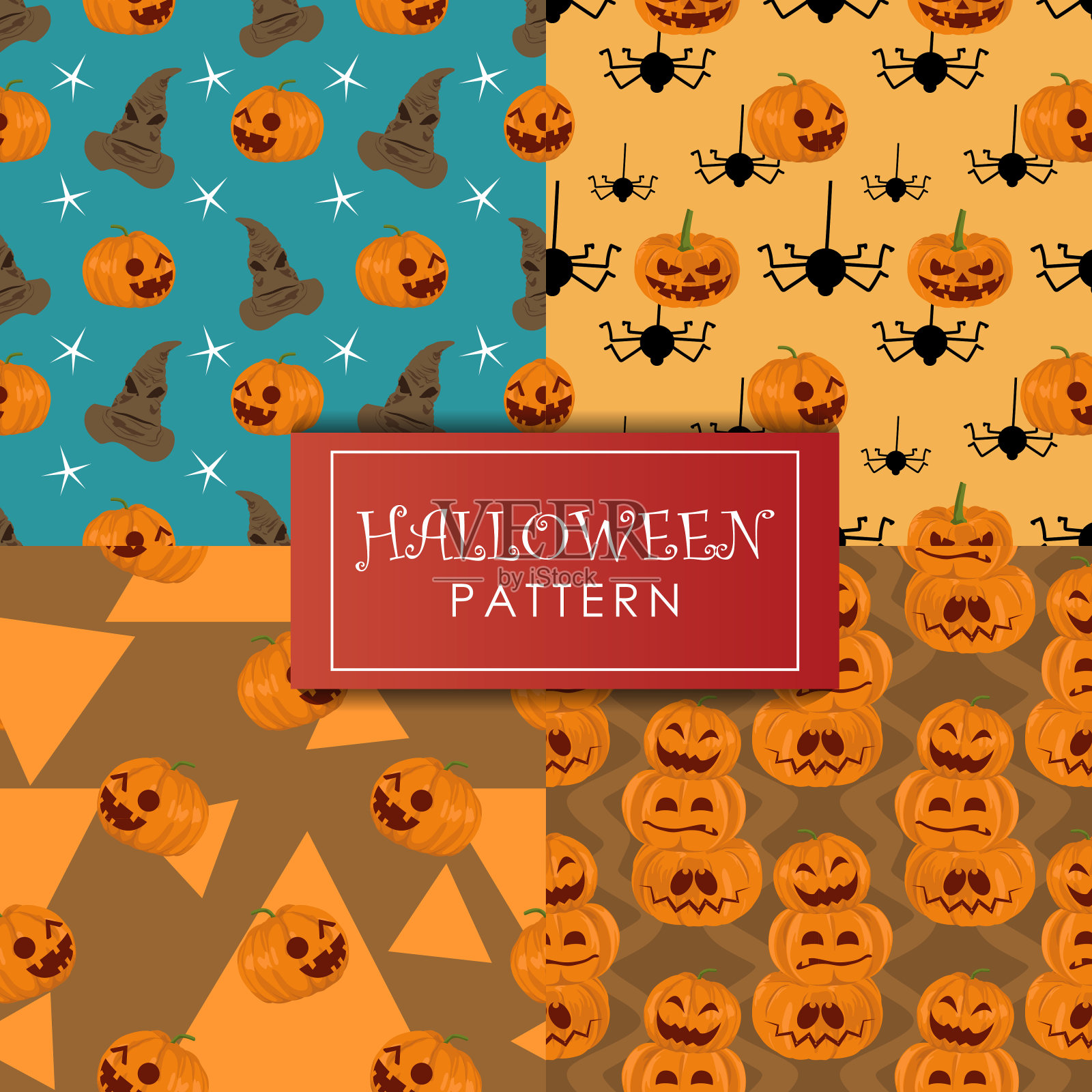 万圣节图案向量集集合。节日主题与可爱的南瓜背景。四种无缝模式背景。插画图片素材