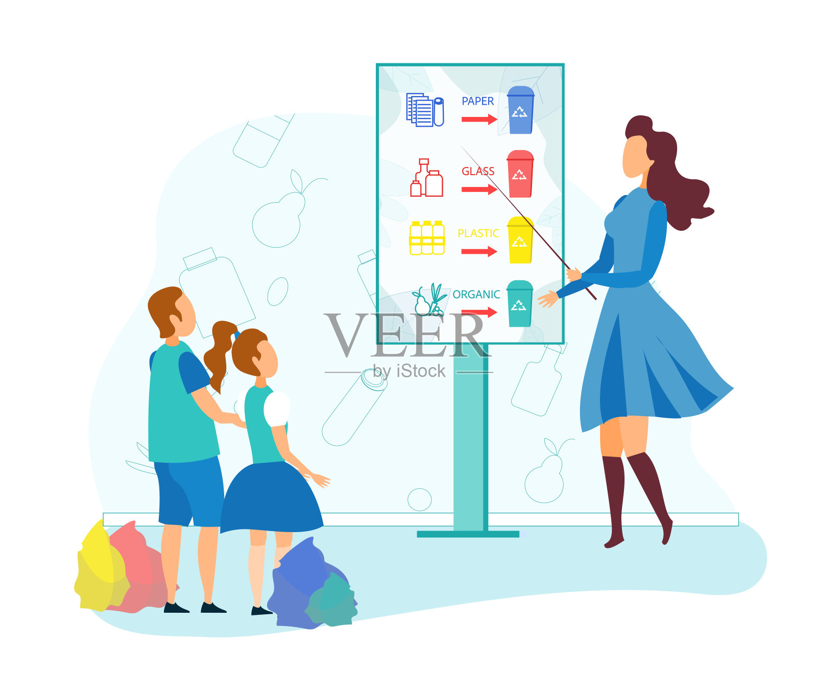 妇女教孩子如何确定垃圾回收插画图片素材