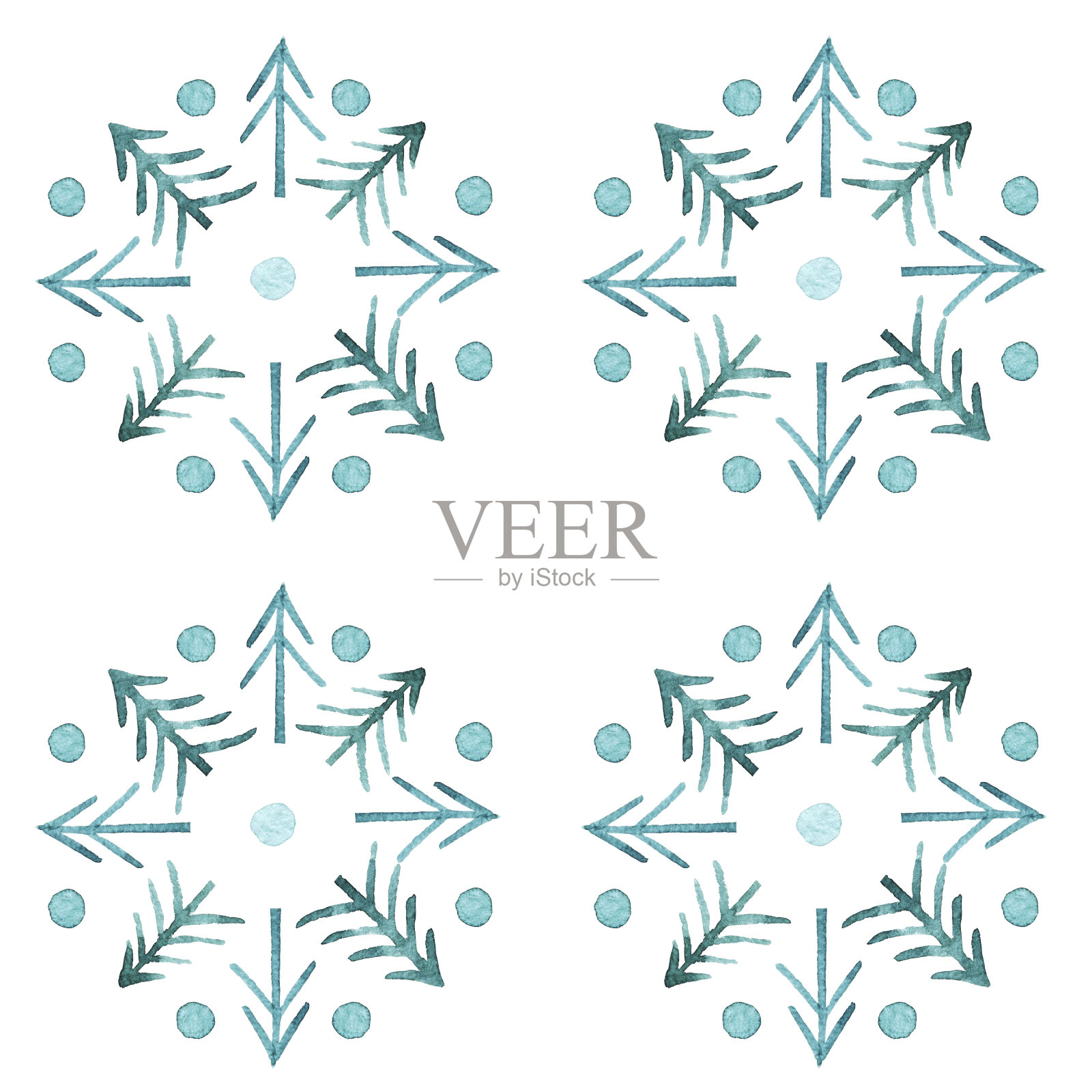 图案无缝水彩绿色冷杉树周围的圆圈上的白色背景。插画图片素材