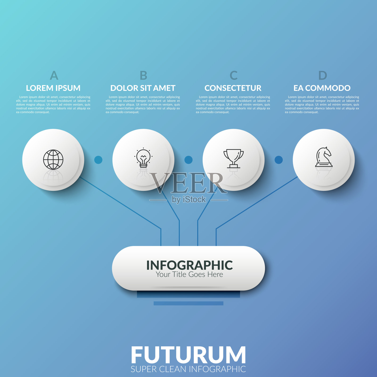 白纸黑字的工作流程图。主元素由线连接，4个线性象形图放置在圆圈和字母文本框内。设计模板素材
