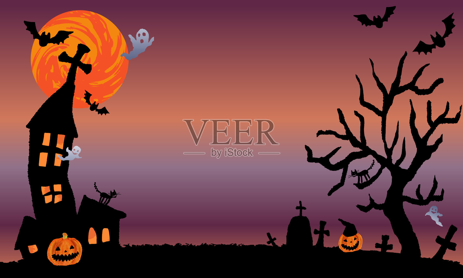 有南瓜灯和教堂的万圣节之夜插画图片素材