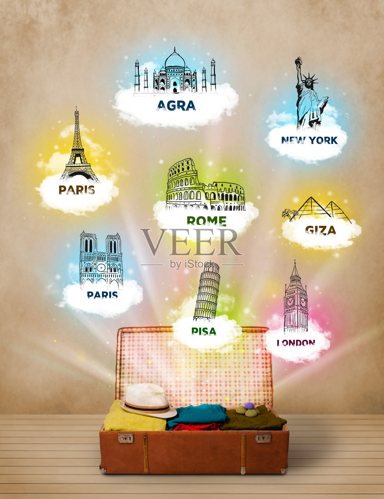 带有世界著名地标的旅行箱照片摄影图片