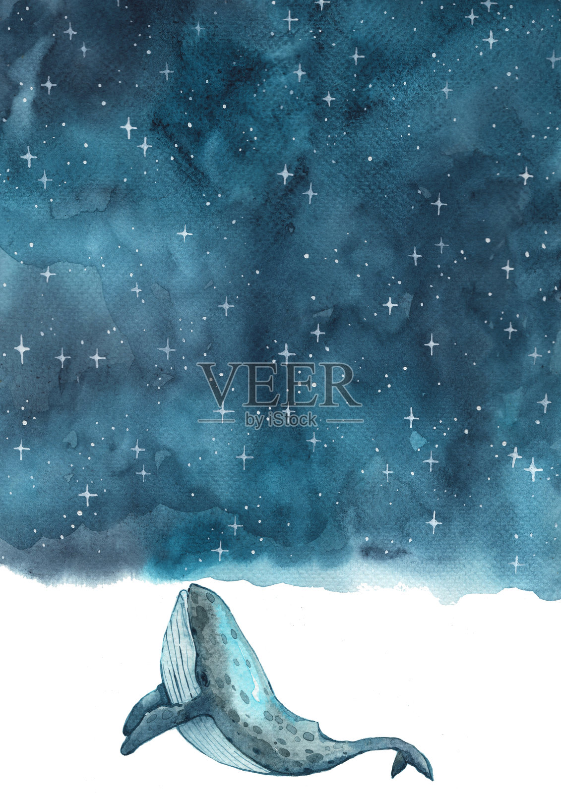 鲸鱼游泳在星星海洋水彩。插画图片素材