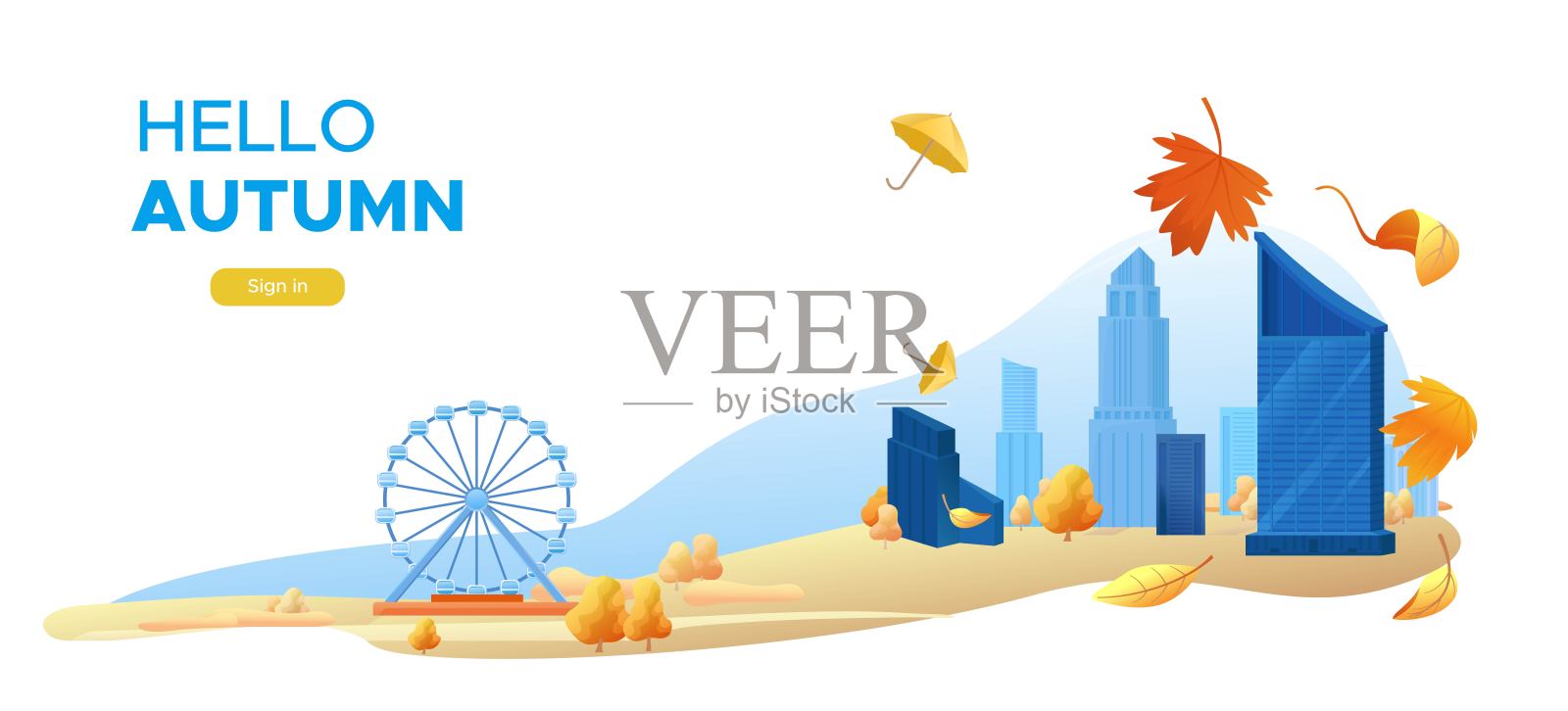 你好秋横幅，城市景观，公园摩天轮，以摩天大楼为背景的现代城市景观，卡通城市景观，矢量插图设计模板素材