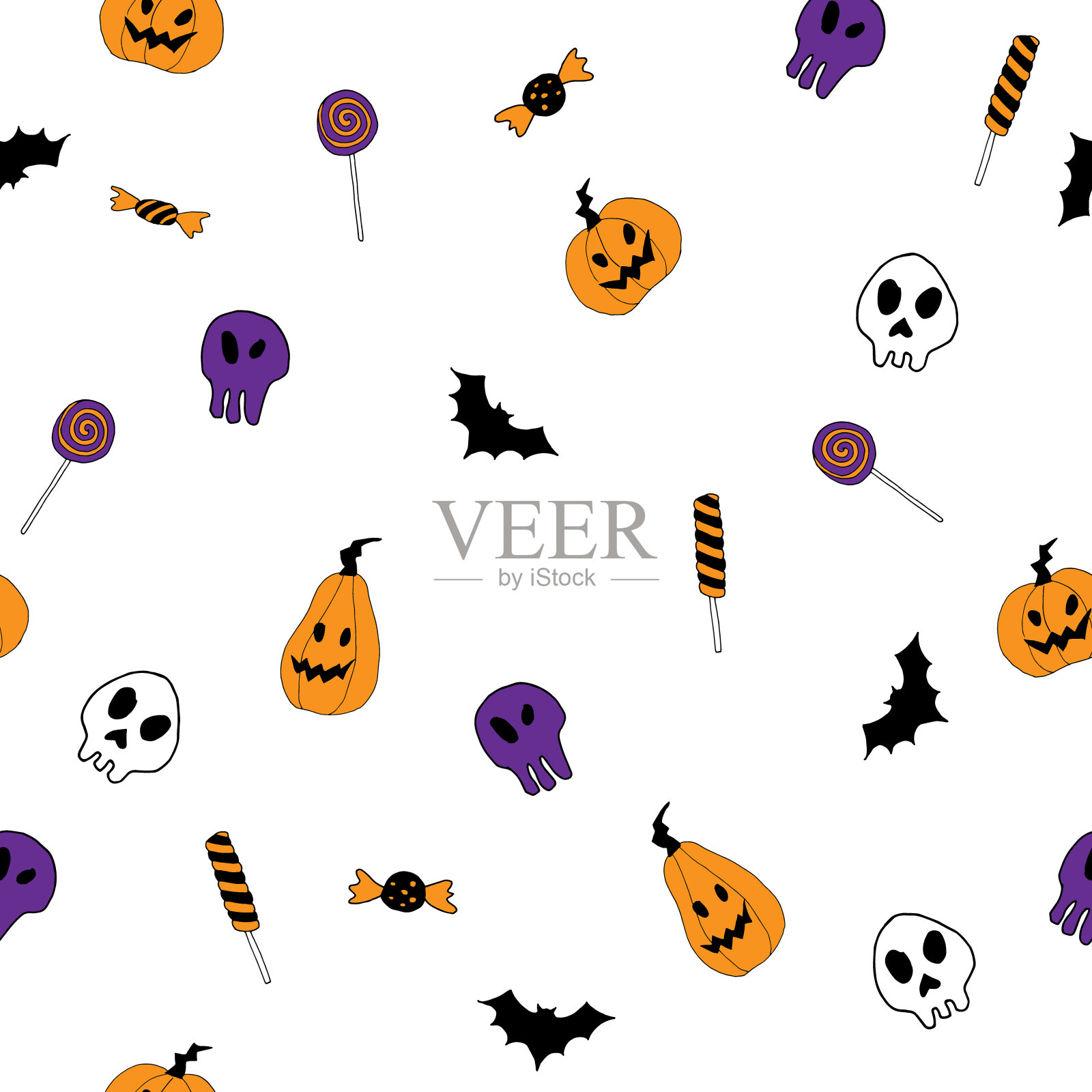 手绘风格可爱卡通矢量万圣节无缝图案。插画图片素材