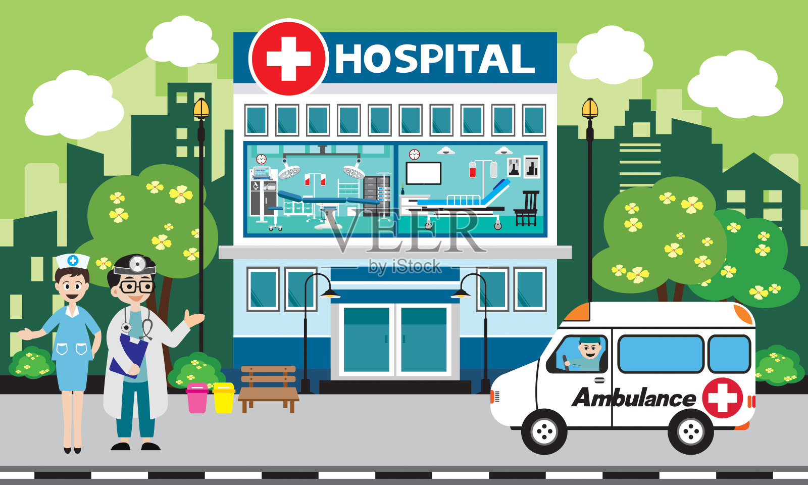 病人护理的概念。医队矢量站在医院大楼上，救护车为背景插画图片素材