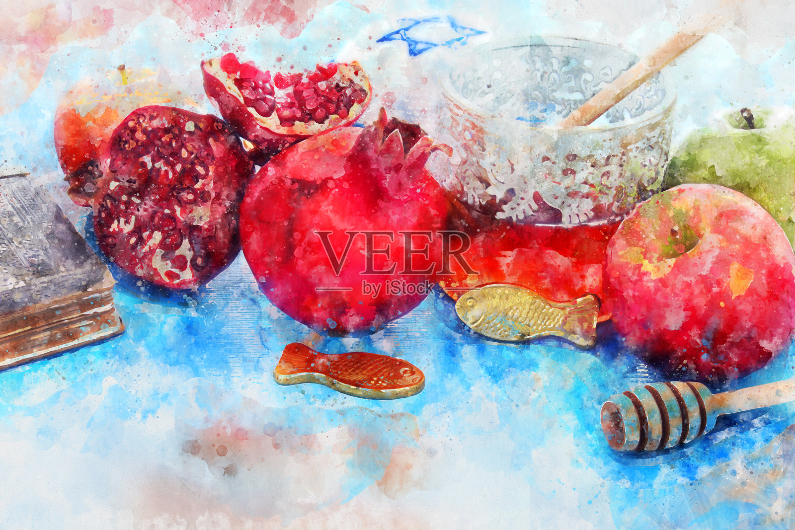 水彩风格和抽象形象的犹太新年假期(犹太新年假期)概念。传统符号插画图片素材