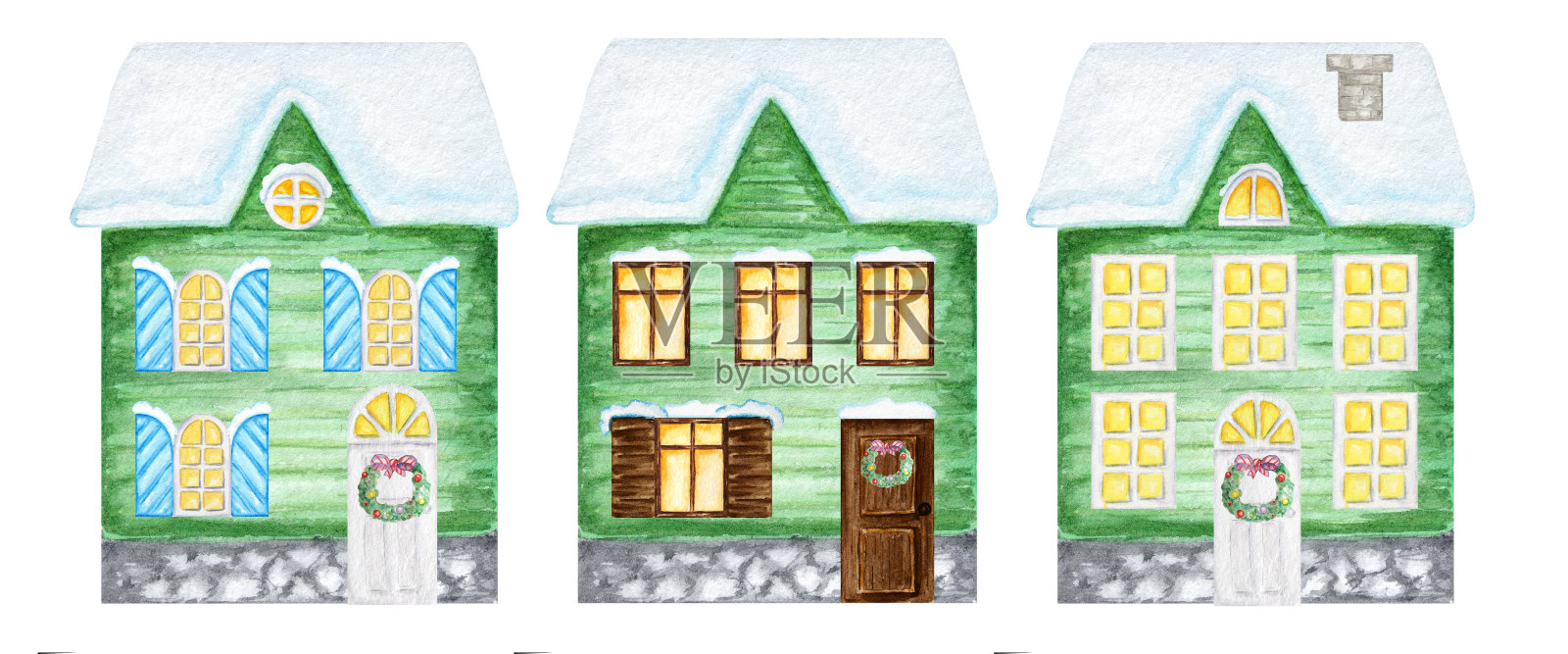 水彩画圣诞冬季绿色房子设置深棕色木门，发光的窗户，与雪的屋顶。两层明亮的颜色房子与新年花环装饰在一个白色的背景设计元素图片