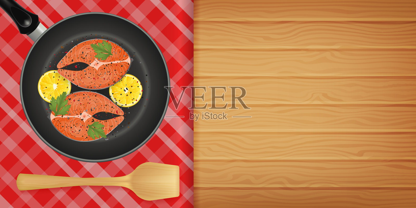 将红色的鱼和柠檬片放在平底锅上，以木头为背景。水平飞行。对象用于包装、广告、菜单。矢量插图。现实的。插画图片素材