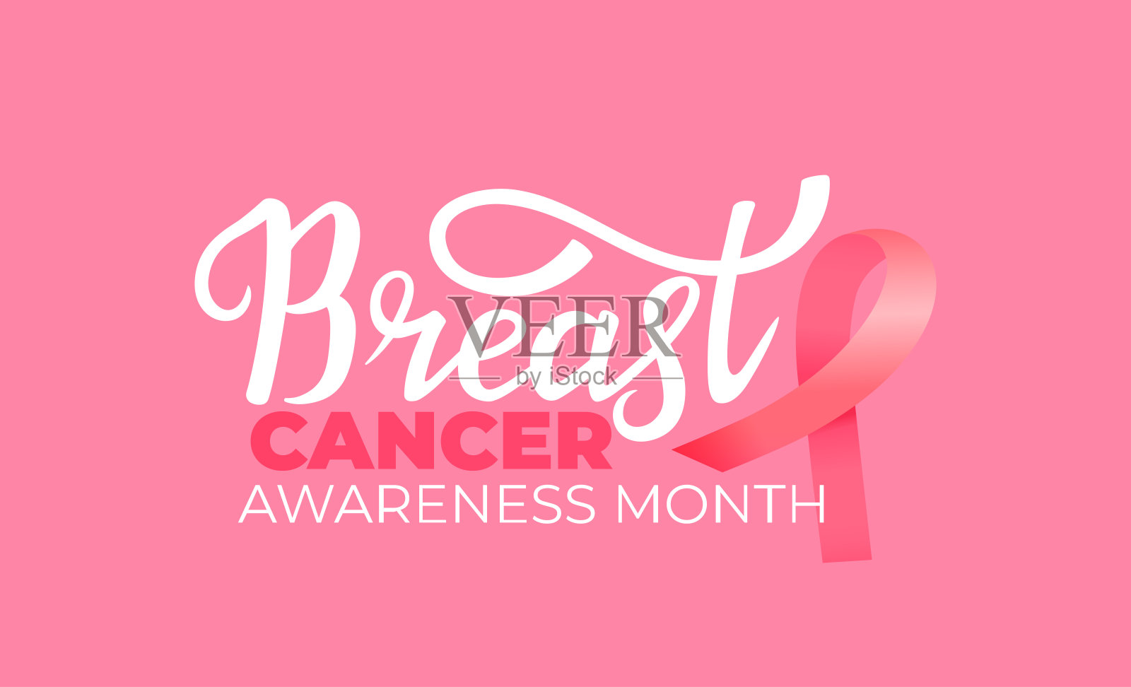 全国乳腺癌宣传月的横幅，上面有粉色丝带和手绘字母插画图片素材