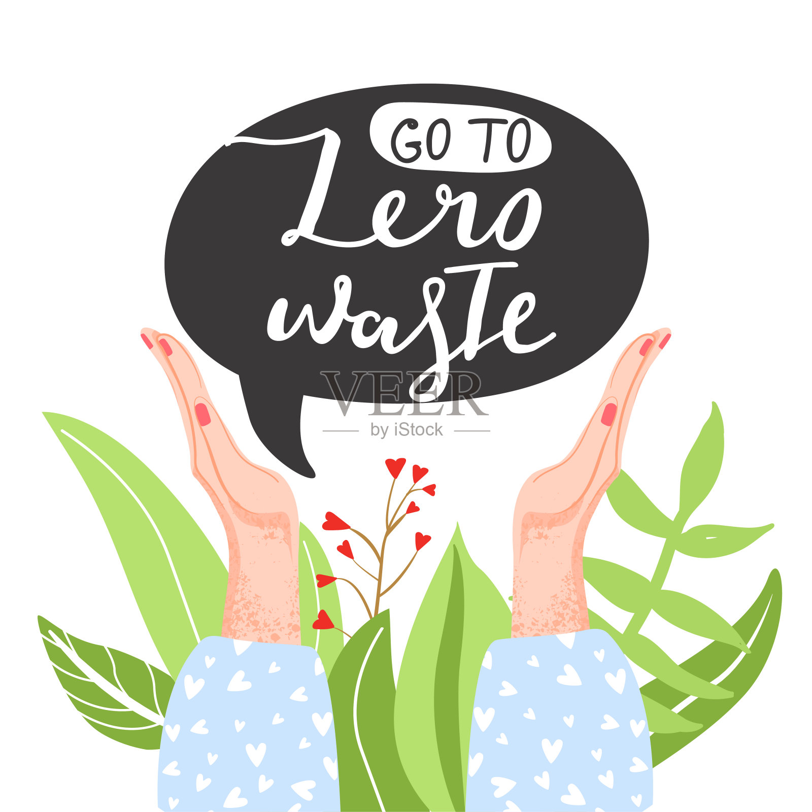 “零浪费”的概念。环保的生活方式。手举着一个牌子上写着“走向零浪费”。插画图片素材