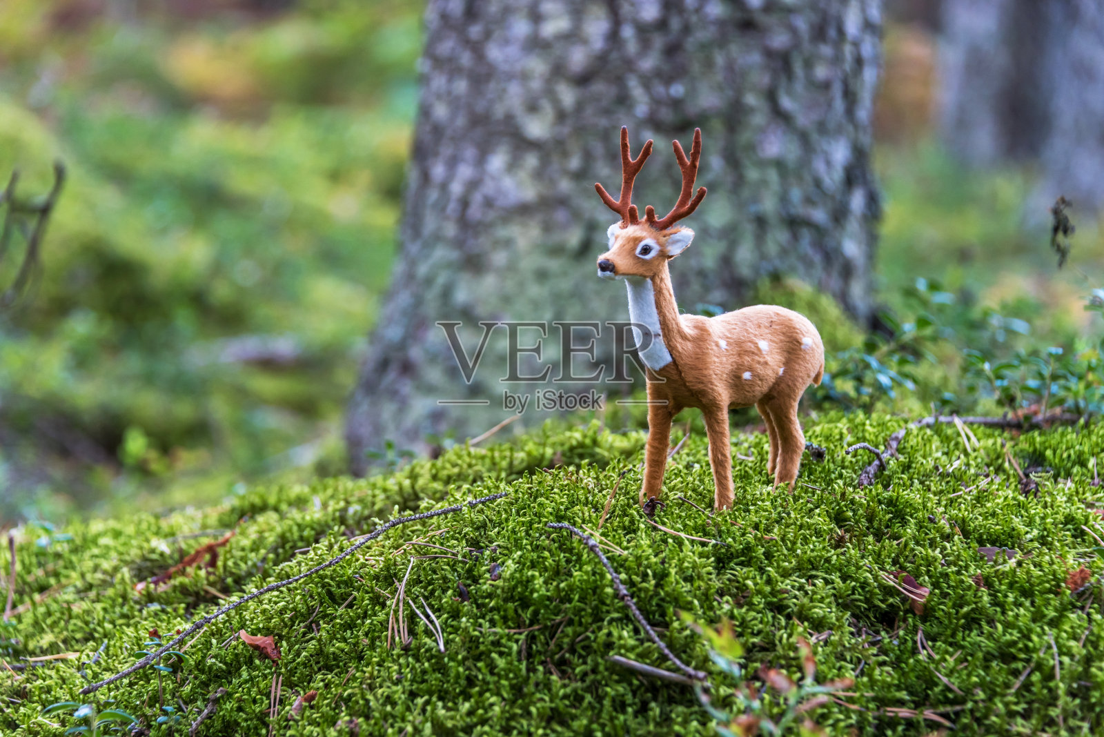 在一个阳光明媚的日子里，小玩具鹿在绿色的森林里照片摄影图片
