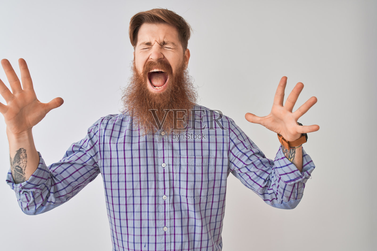 年轻的红发爱尔兰男子穿着休闲衬衫站在孤立的白色背景上，举起手臂，闭上眼睛兴奋地尖叫，为成功而疯狂。赢家的概念照片摄影图片