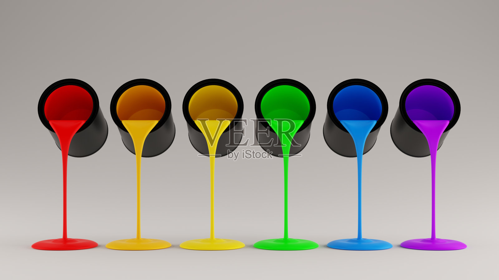 彩虹光谱涂料罐倒出前视图照片摄影图片