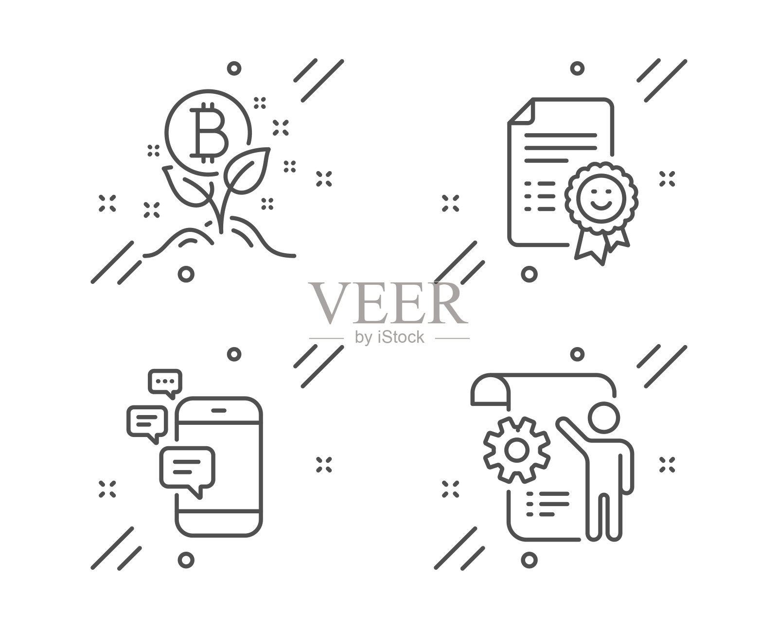 沟通，比特币项目和微笑图标集。设置蓝图的迹象。向量插画图片素材