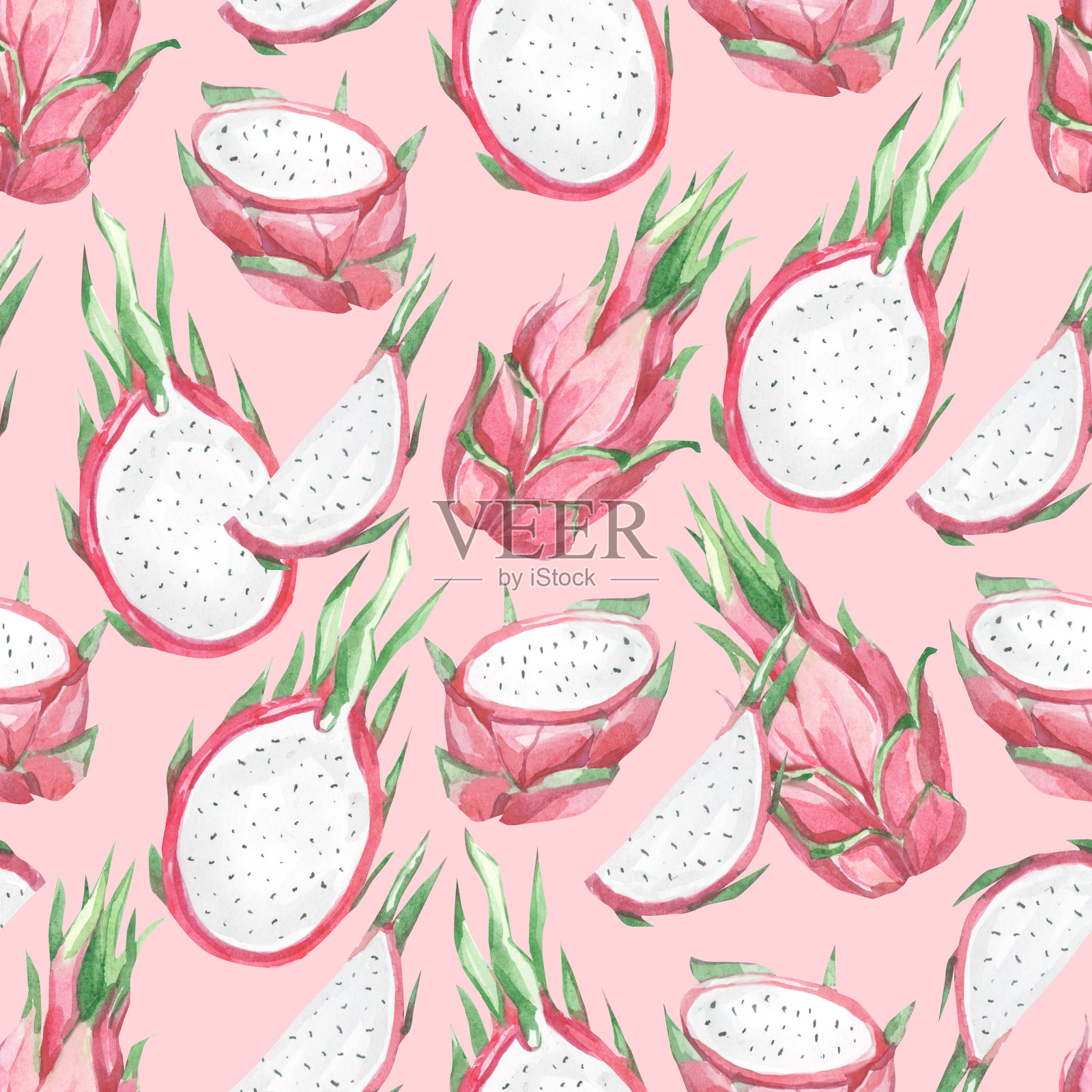 水彩夏季异域水果图案火龙果，夏季热带印花为纺织面料和壁纸。插画图片素材