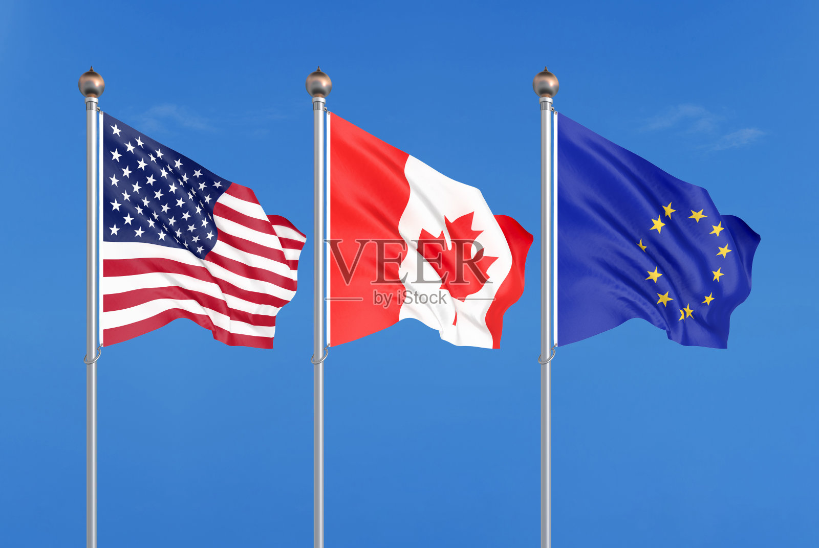 三个彩色的丝绸旗帜在风中:美国(美国)，欧盟(欧盟)和加拿大。3D插图。照片摄影图片