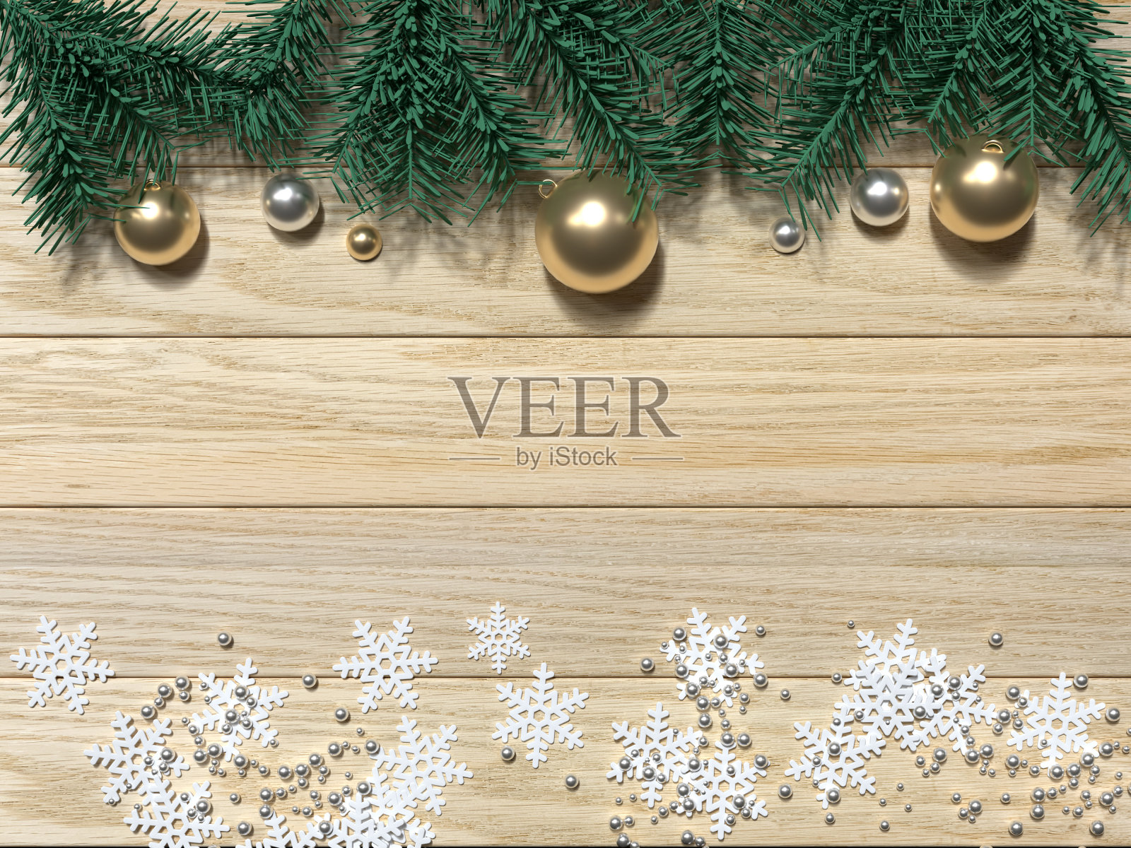 木材平面场景绿叶金银色物体3d渲染圣诞概念照片摄影图片