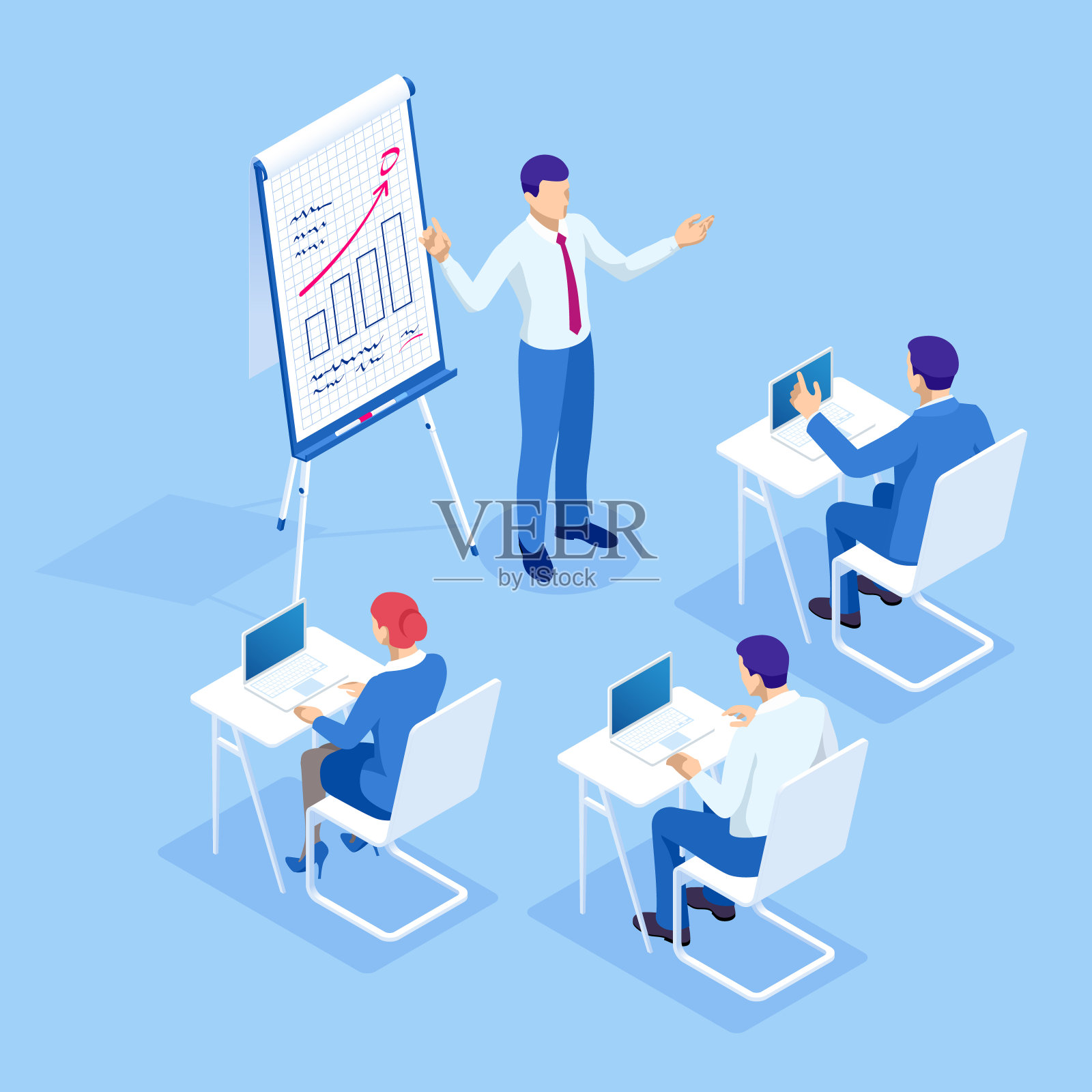 等距商业培训概念。一群商人研究数据。办公室工作人群，团队会议和讨论。插画图片素材