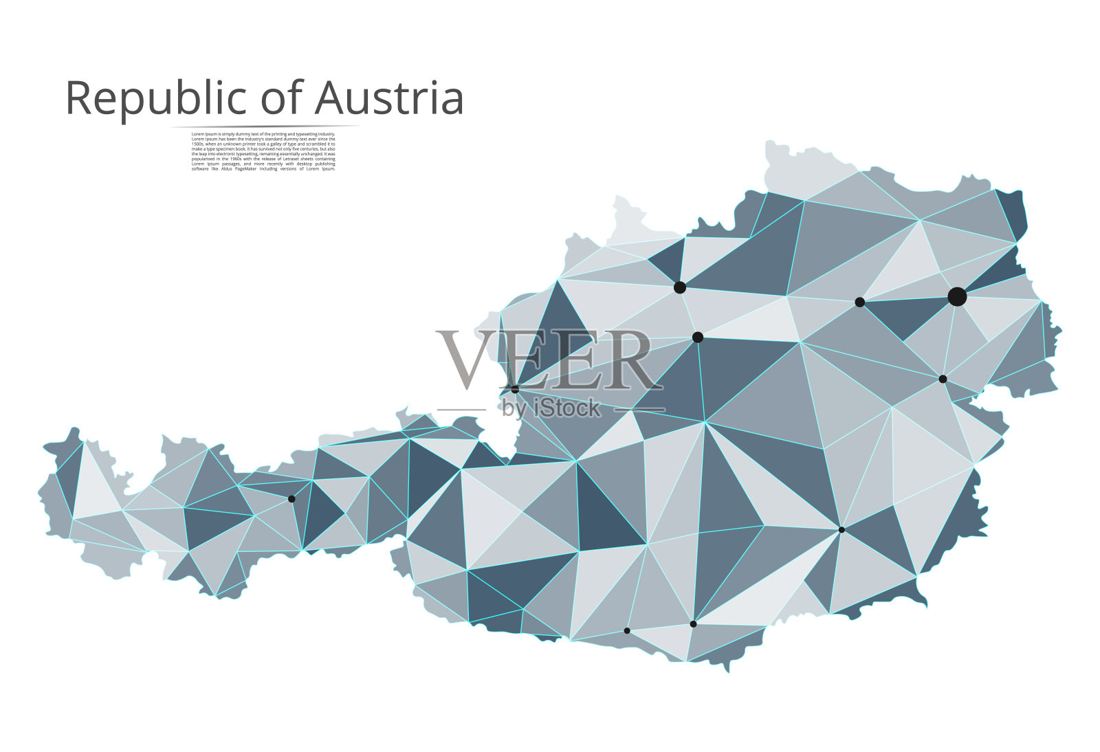 这是奥地利版图。矢量低多边形图像的全球地图与灯光的形式，由城市的人口密度组成的形状。容易编辑插画图片素材
