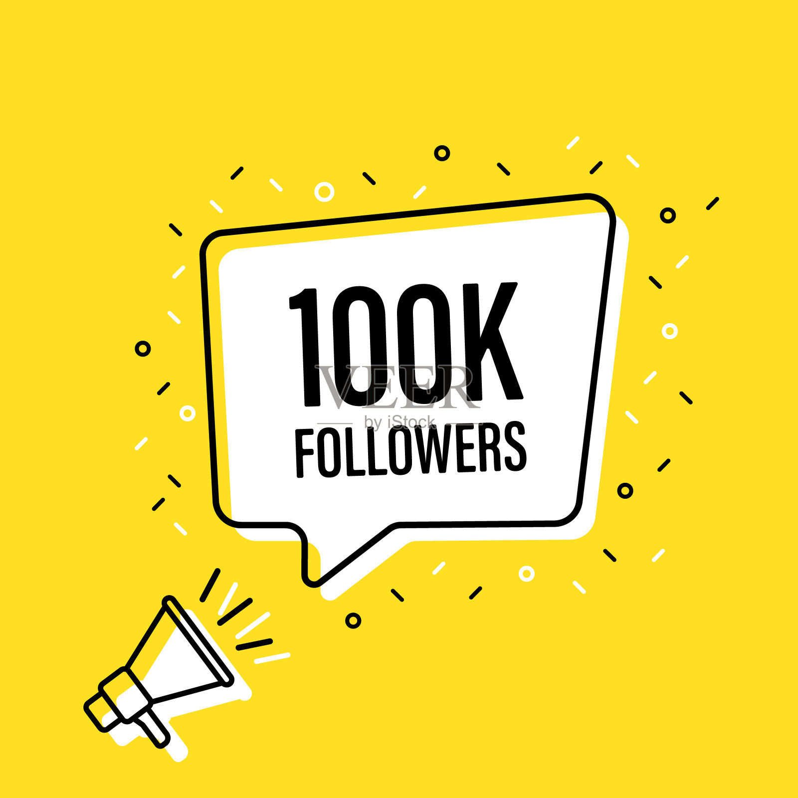 男手拿着扩音器，带着10万语音泡泡。扬声器。横幅为企业，营销和广告。矢量插图。插画图片素材