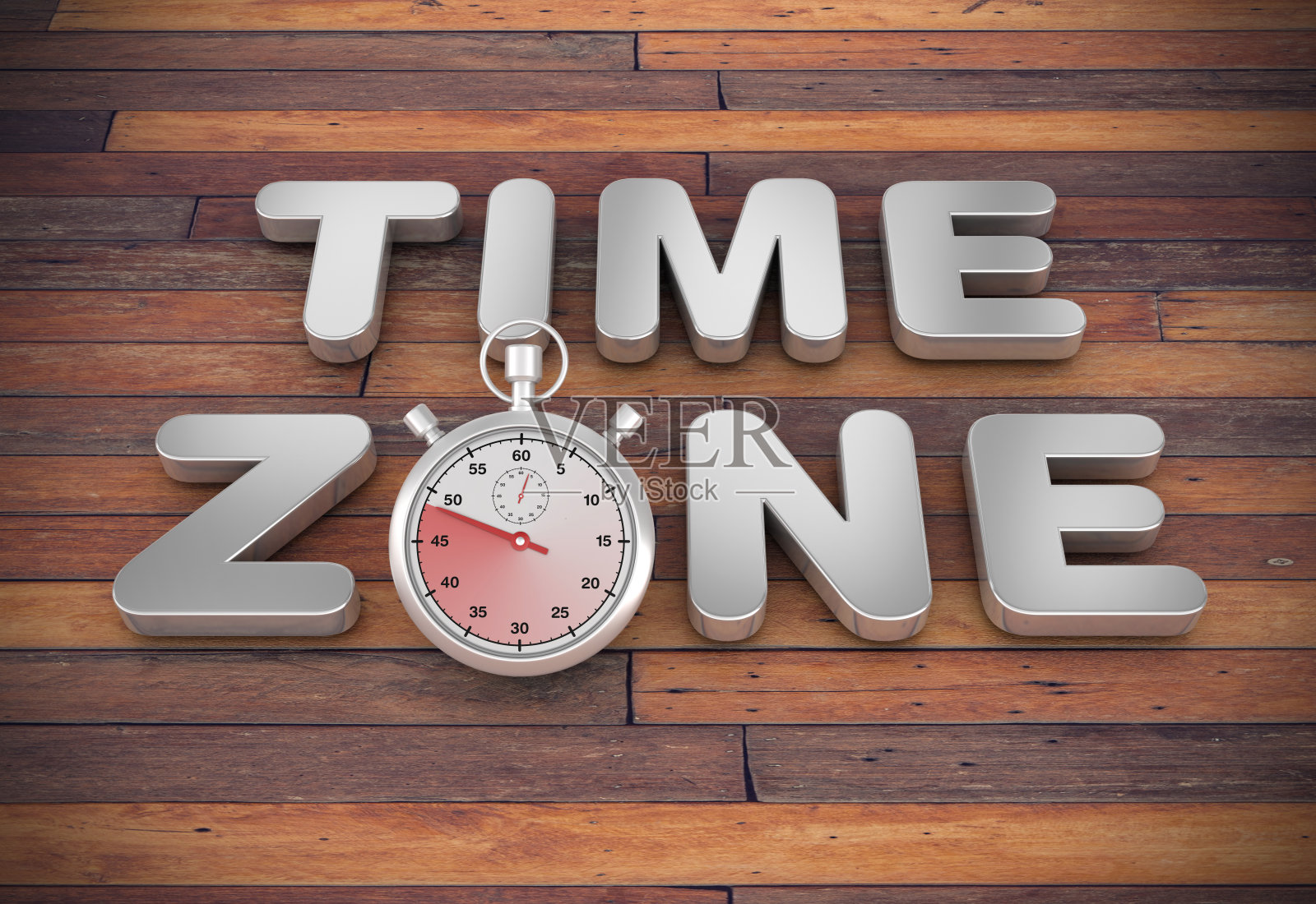 3D单词时区与秒表木地板- 3D渲染照片摄影图片
