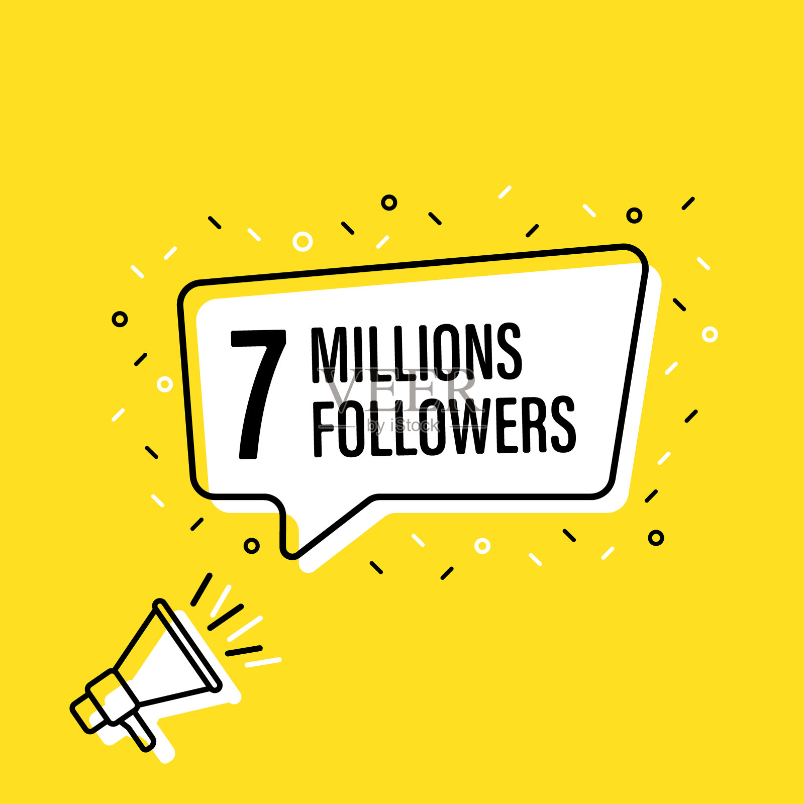 男性手持扩音器，拥有700万粉丝语音泡泡。扬声器。横幅为企业，营销和广告。矢量插图。插画图片素材