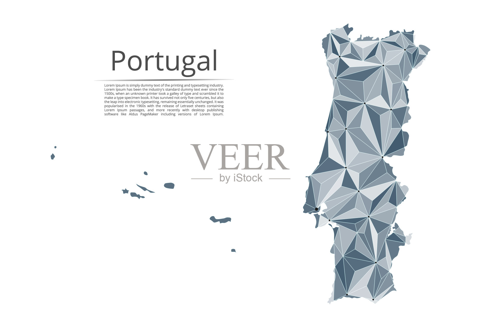 葡萄牙连接地图。矢量低多边形图像的全球地图与灯光形式的城市或人口密度，由点和形状的星星和空间的形式。插画图片素材