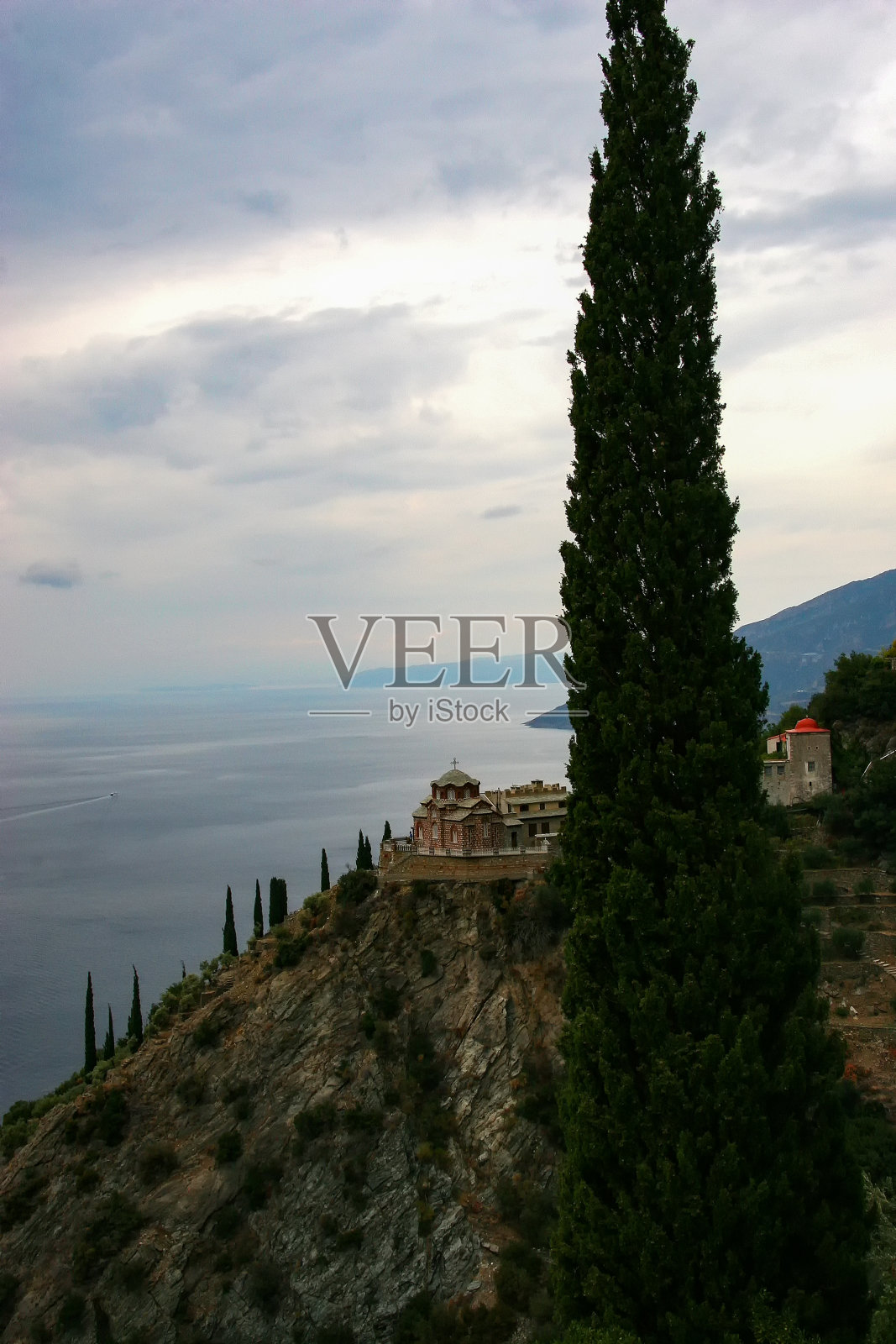 阿陀斯山的黎明。圣安妮的斯凯特照片摄影图片