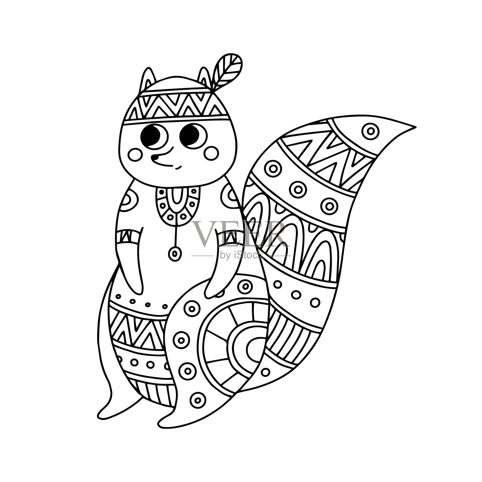 用具有民族风格的形象松鼠进行色彩抗压插画图片素材