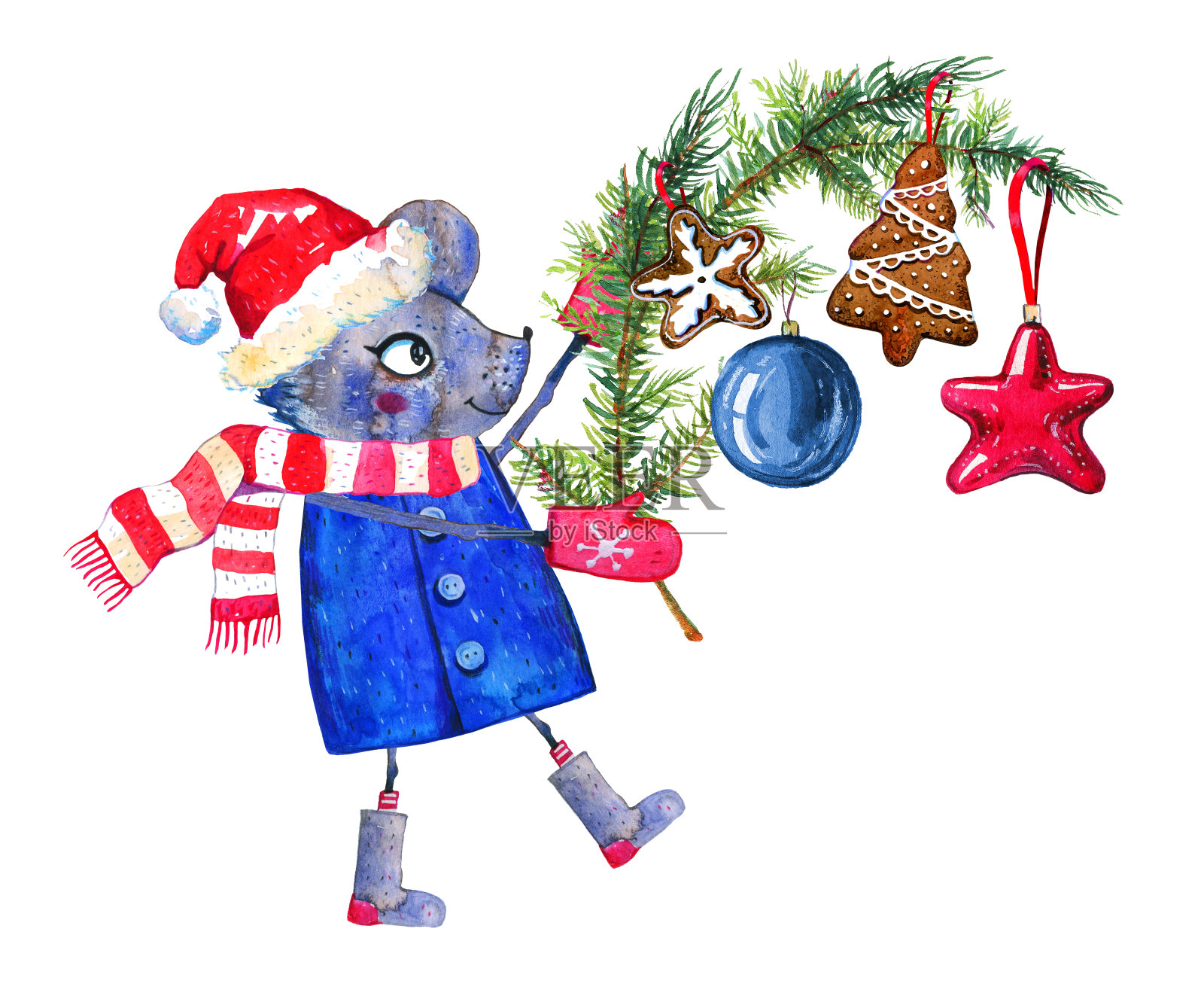 卡通鼠标人物在冬天的衣服与一束树枝和圣诞玩具。手绘水彩插图上的白色背景。2020年中国鼠年插画图片素材