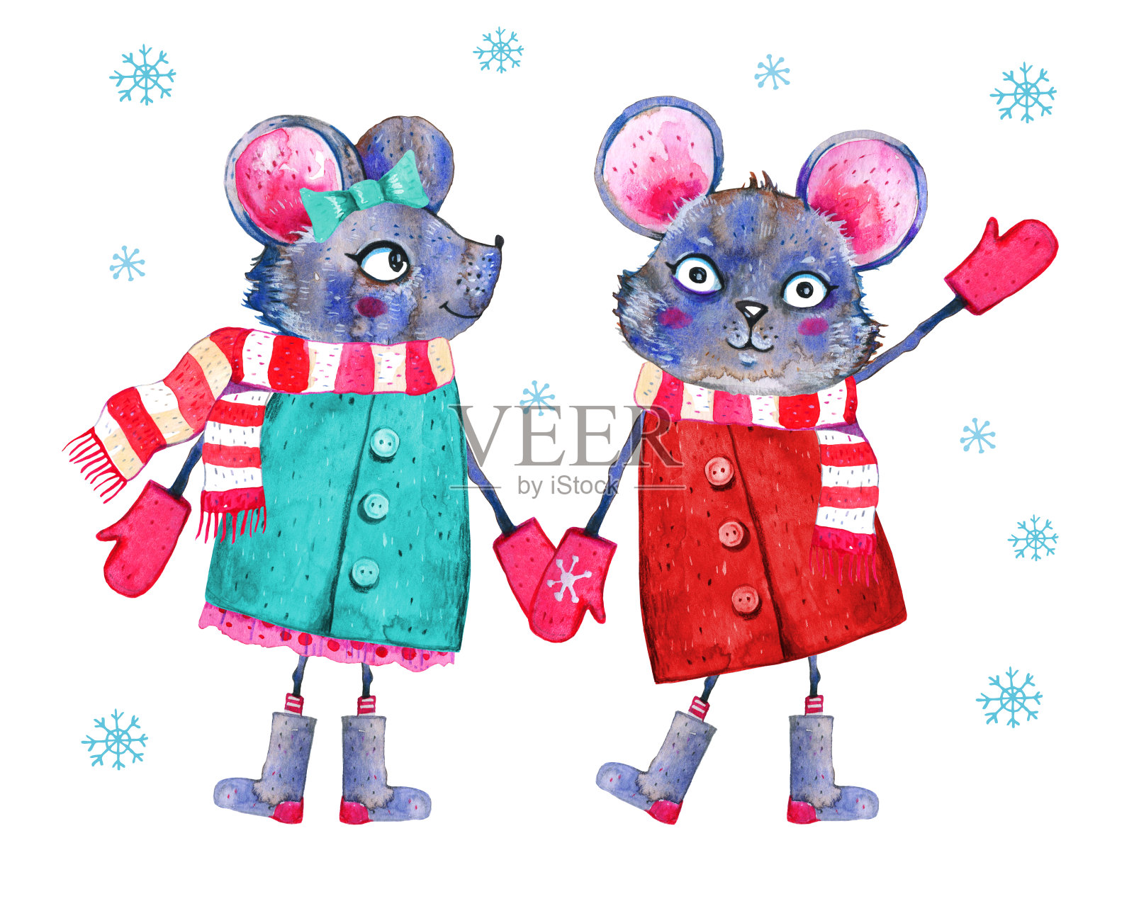 卡通老鼠人物夫妇。手绘水彩插图。男孩和女孩老鼠在冬天的衣服牵手插画图片素材