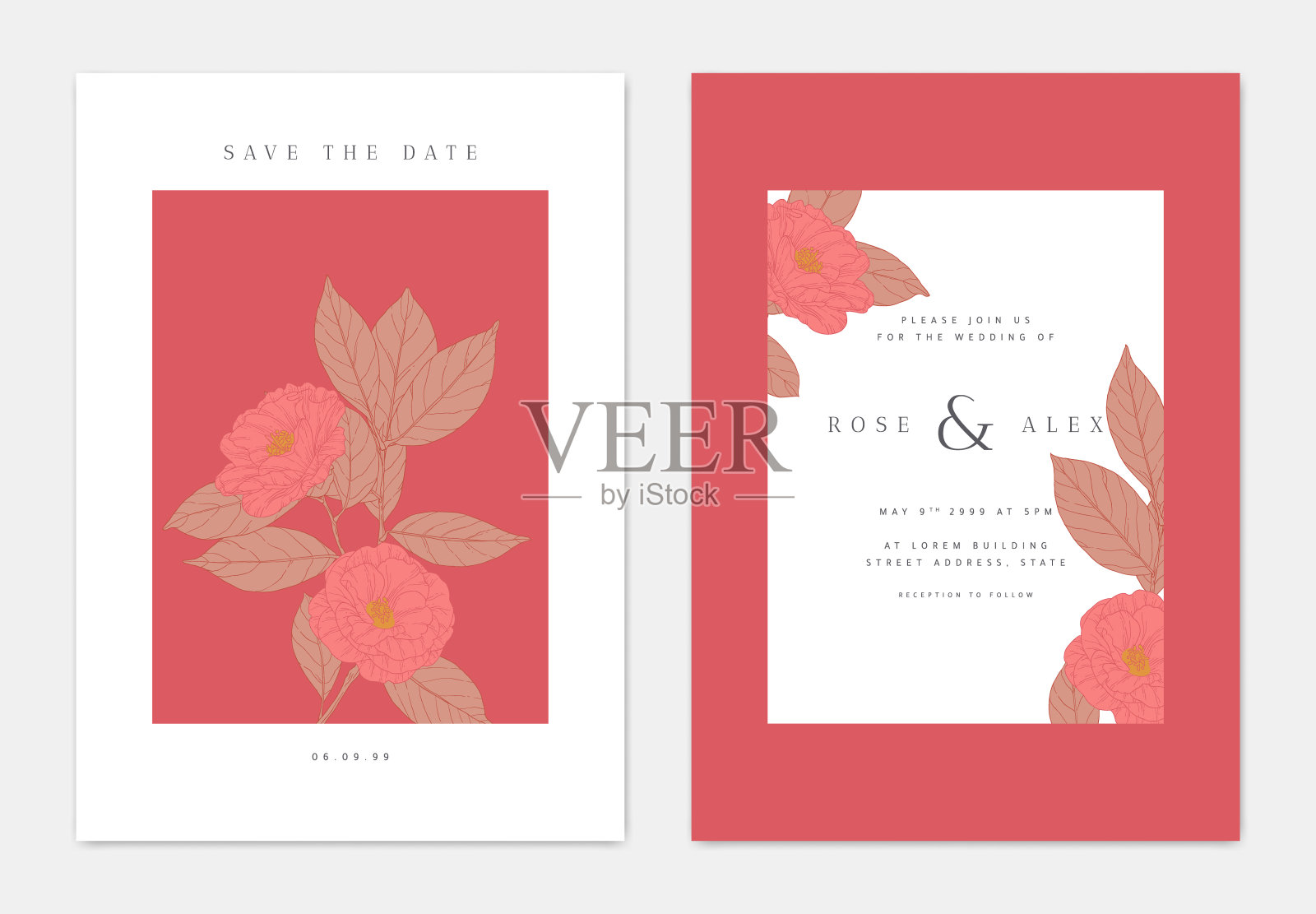 极简植物婚礼请柬模板设计，山茶花与叶线艺术水墨画，红白色调设计模板素材