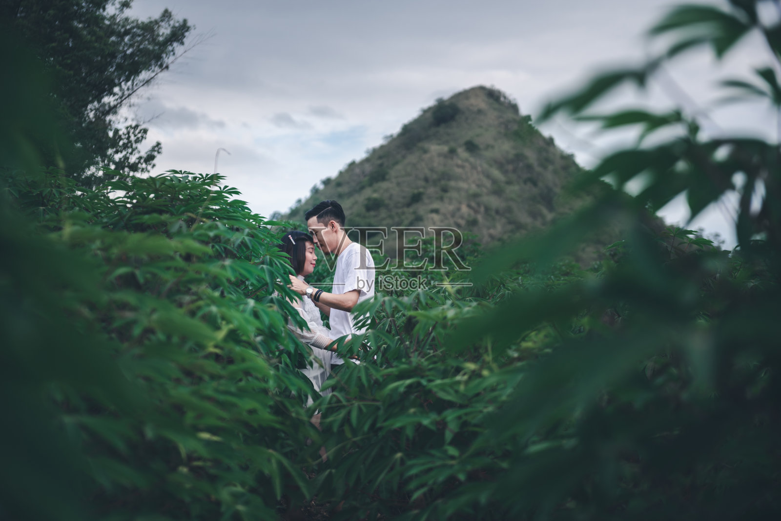 在山里，亚洲丈夫闭着眼睛亲吻他怀孕的妻子。亚洲已婚夫妇和家庭概念。照片摄影图片