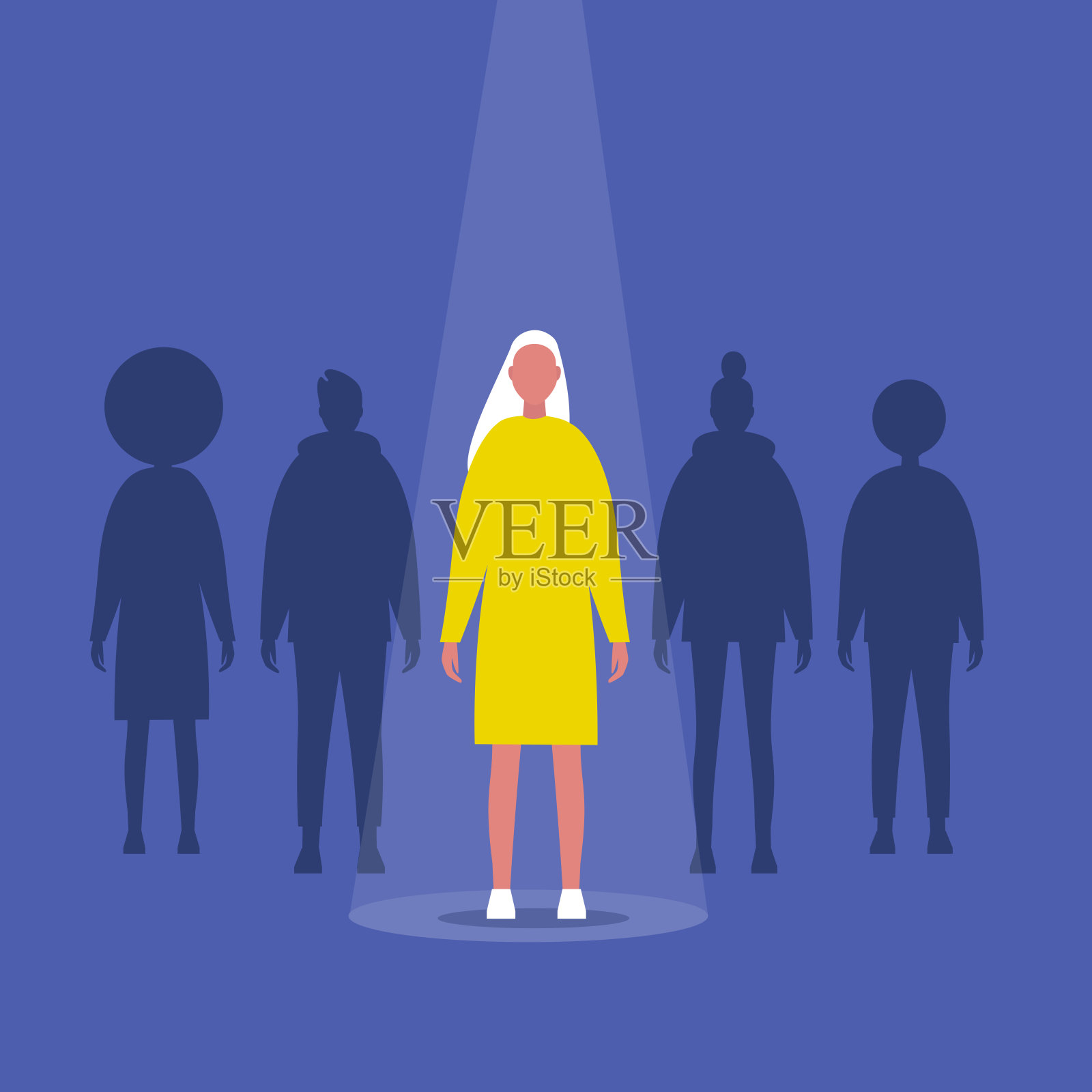 名声。女主人公站在灯光下的舞台上。杰出的品质。技能。人才。平面可编辑矢量插图，剪辑艺术插画图片素材