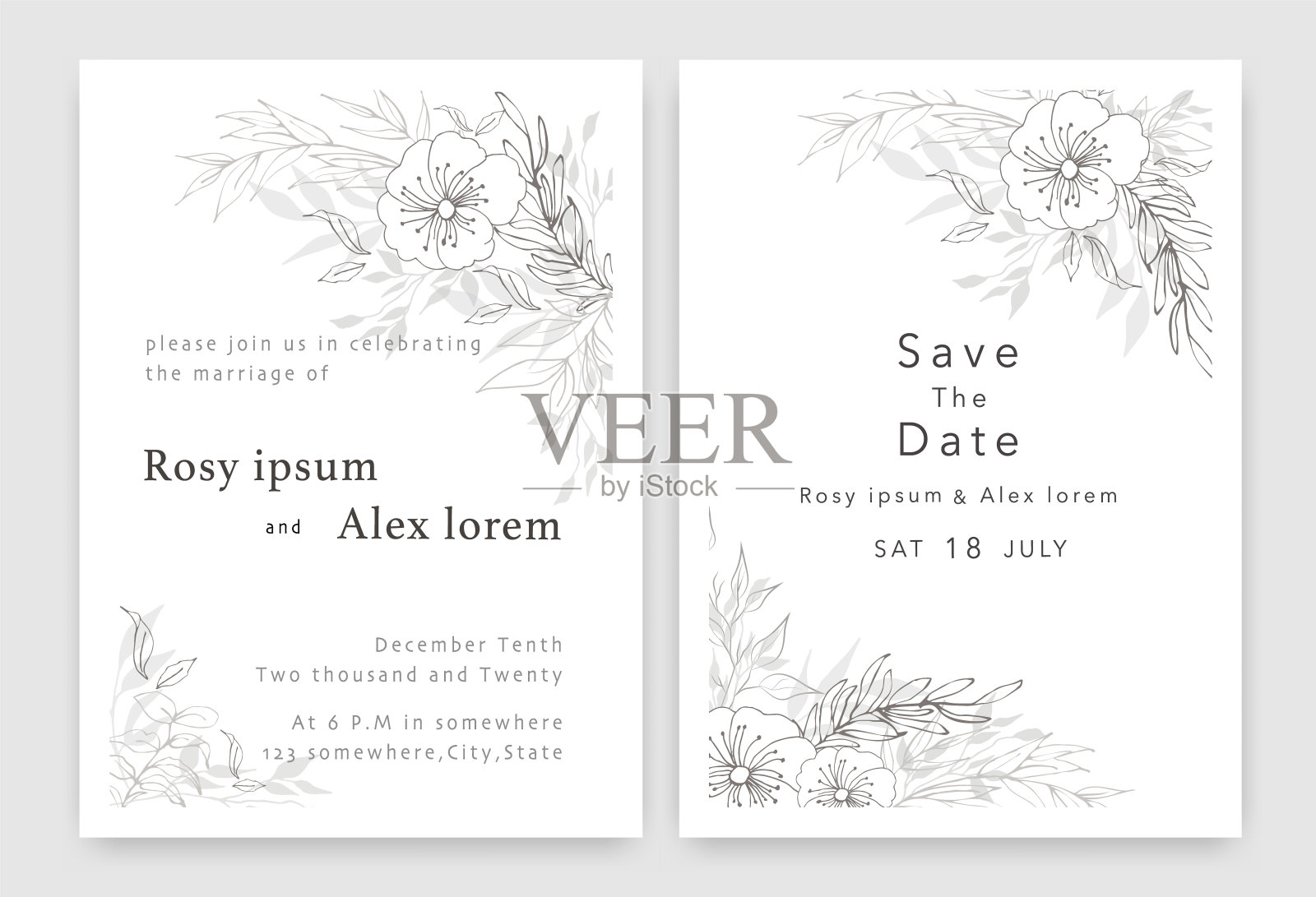 婚礼请柬保存日期卡设计与优雅的花园海葵。设计模板素材