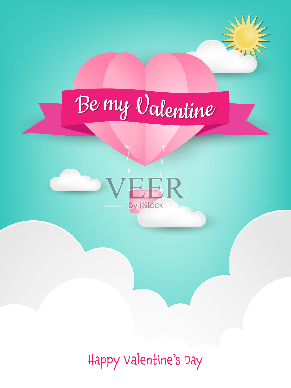 情人节的背景剪纸心形热气球与我的情人节和快乐的情人节在天空与太阳和云。爱情概念与情人节，纸艺术风格。矢量插图。插画图片素材