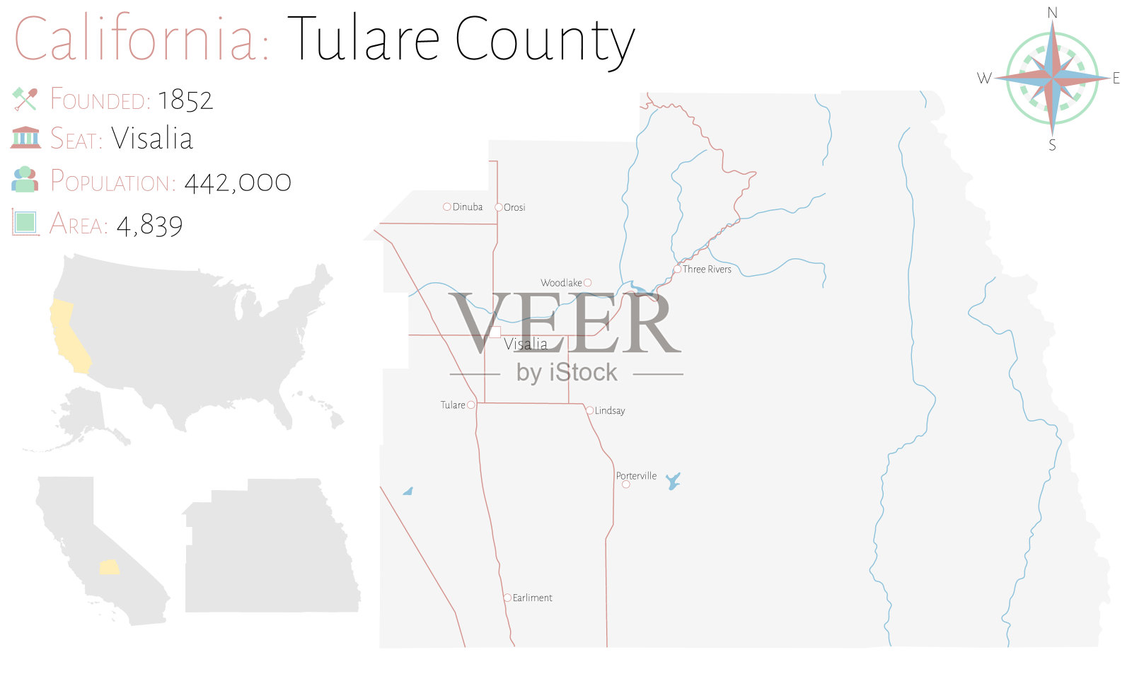 加州图拉瑞县地图插画图片素材