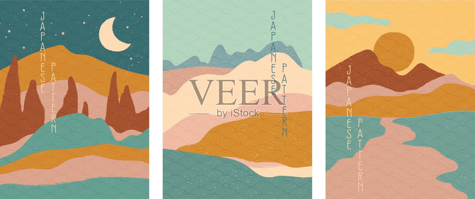 三联画的简单风格的极简主义日本风景插画图片素材