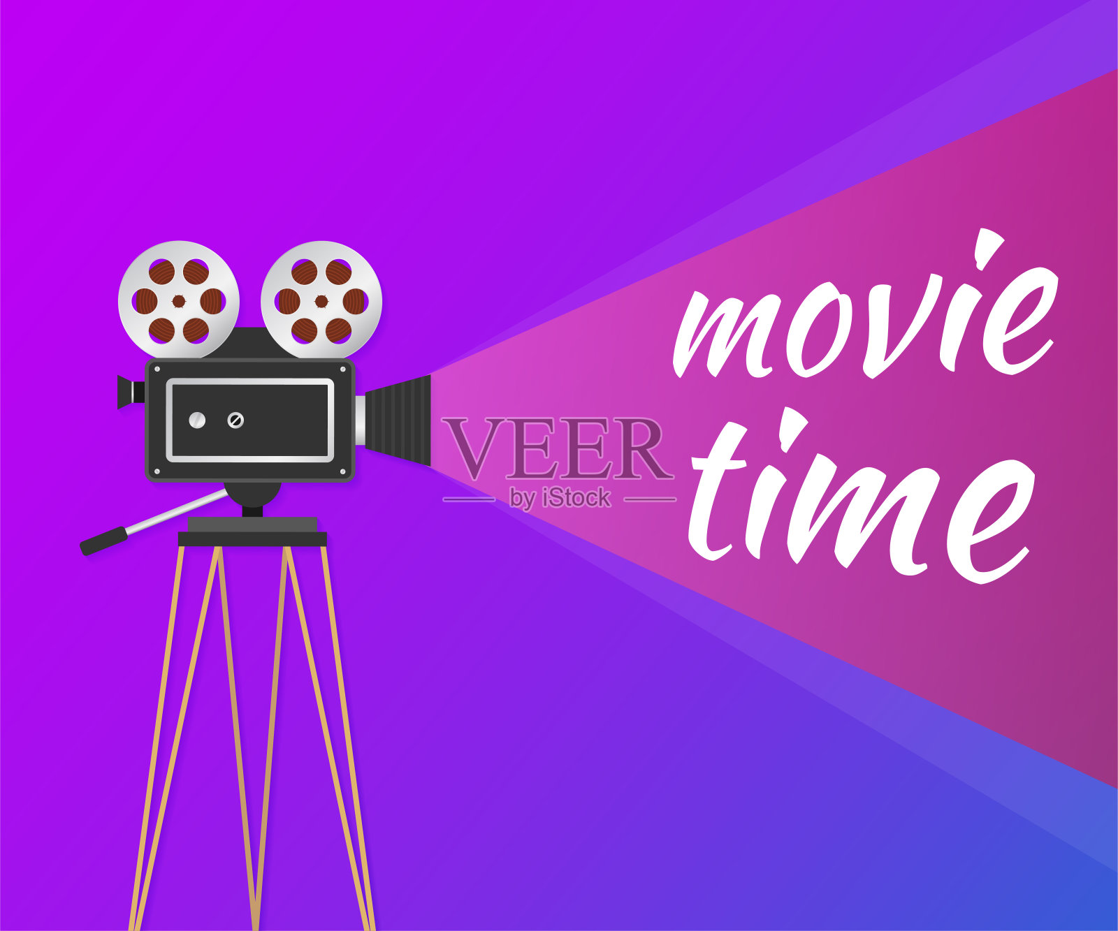 可爱的电影时间概念布局与电影放映机和文本区与样本标题在复古西方字体。矢量插图。插画图片素材