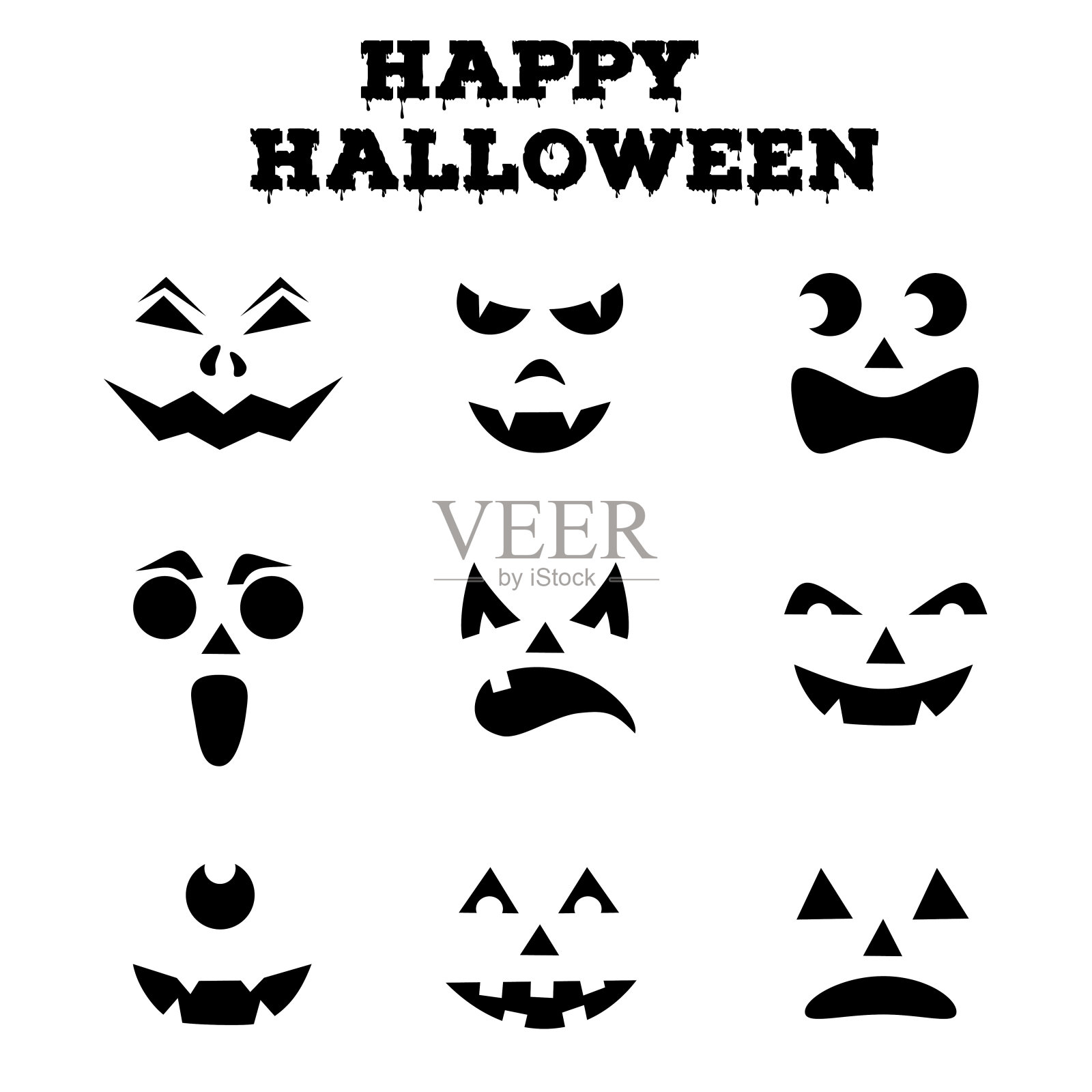 收集万圣节南瓜雕刻的面孔剪影。黑白图像。矢量图插画图片素材